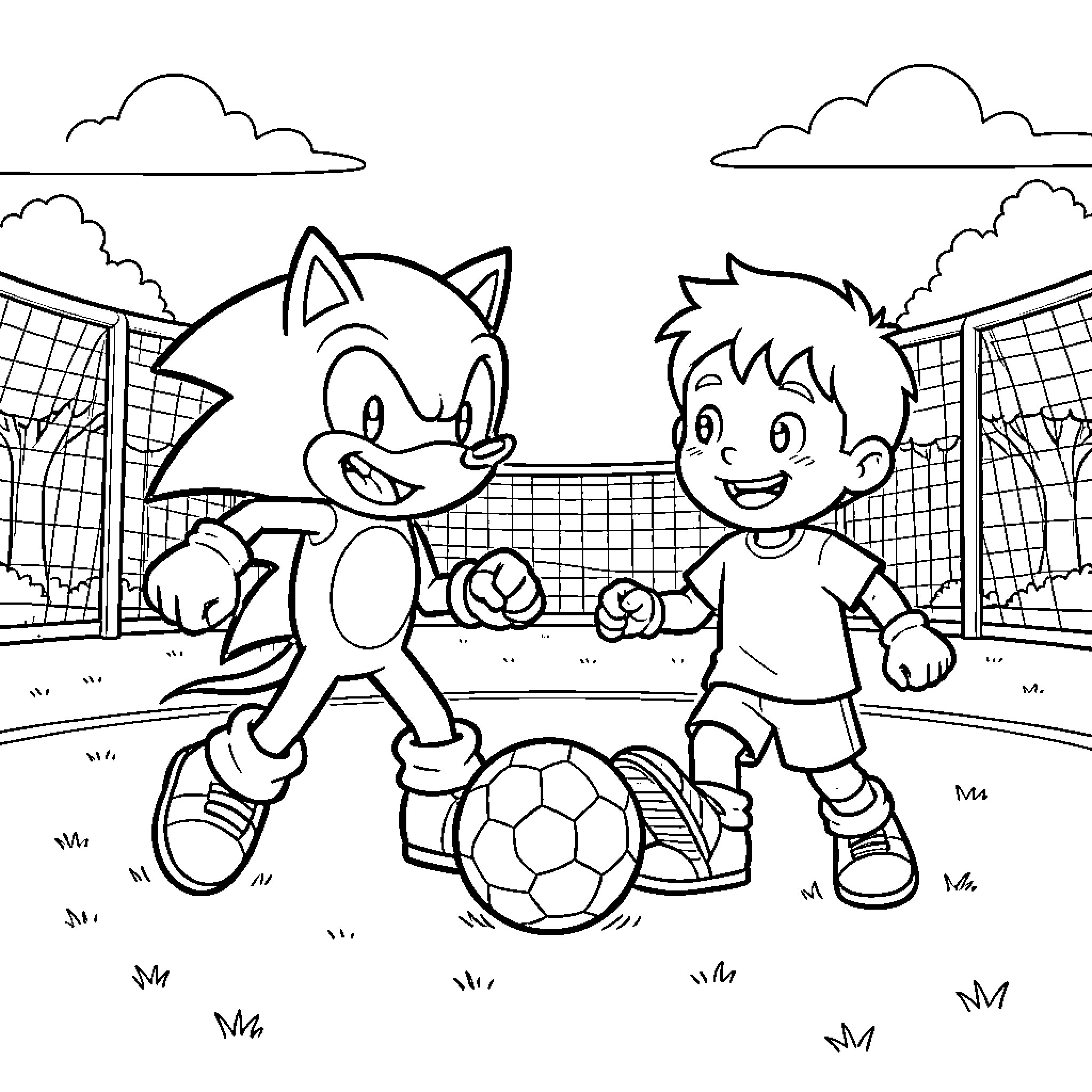 Sonic and a young boy playing soccer together Coloring Page (free black-and-white line drawing printable PDF for all, from beginners to advanced learners, including children, teens, adults, and seniors)