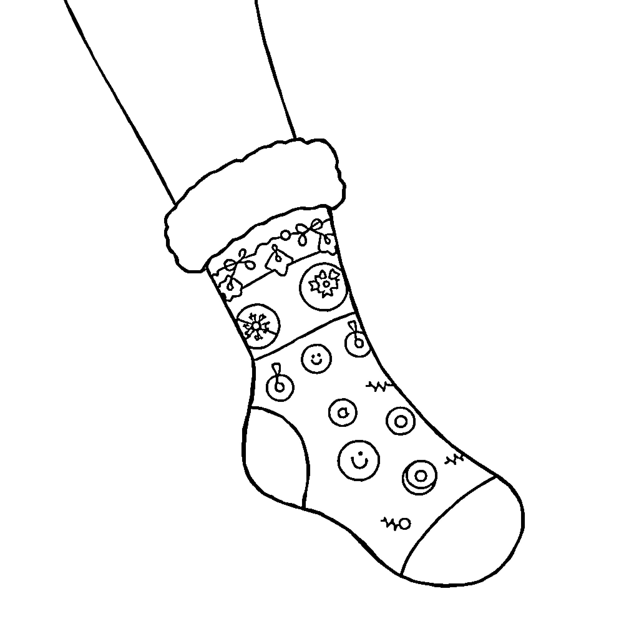 Noel's festive patterned stocking Coloring Page (free black-and-white line drawing printable PDF for all, from beginners to advanced learners, including children, teens, adults, and seniors)