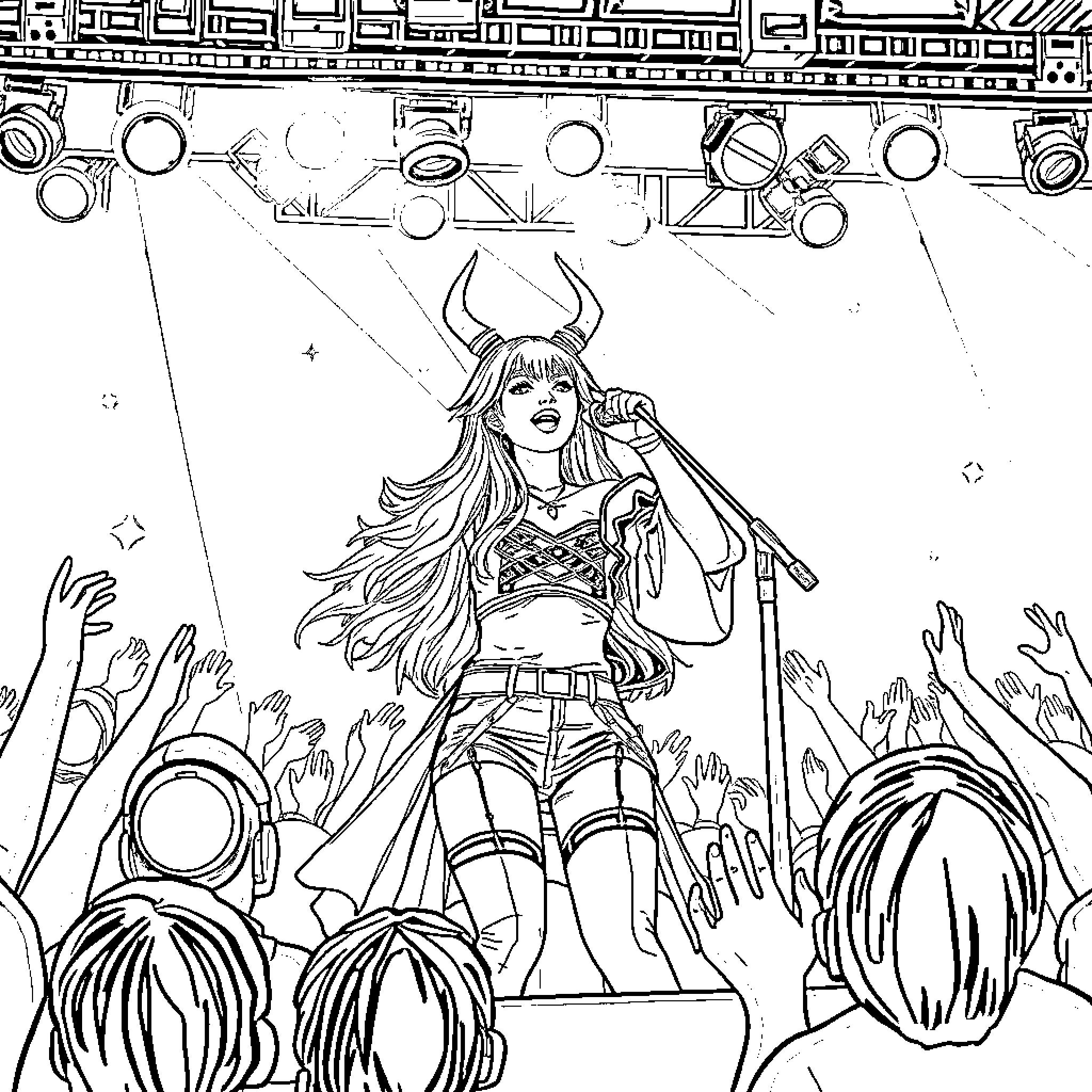 Rumi's Powerful Performance on Stage Coloring Page (free black-and-white line drawing printable PDF for all, from beginners to advanced learners, including children, teens, adults, and seniors)