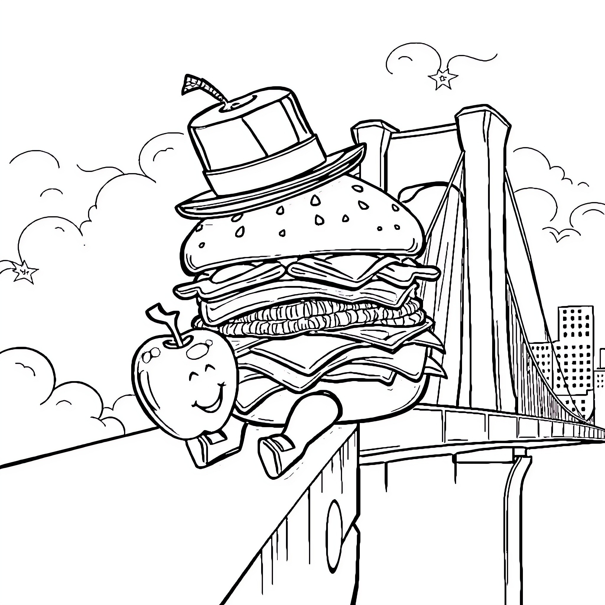 Burger Superhero Flies Over the City Coloring Page (free black-and-white line drawing printable PDF for all, from beginners to advanced learners, including children, teens, adults, and seniors)