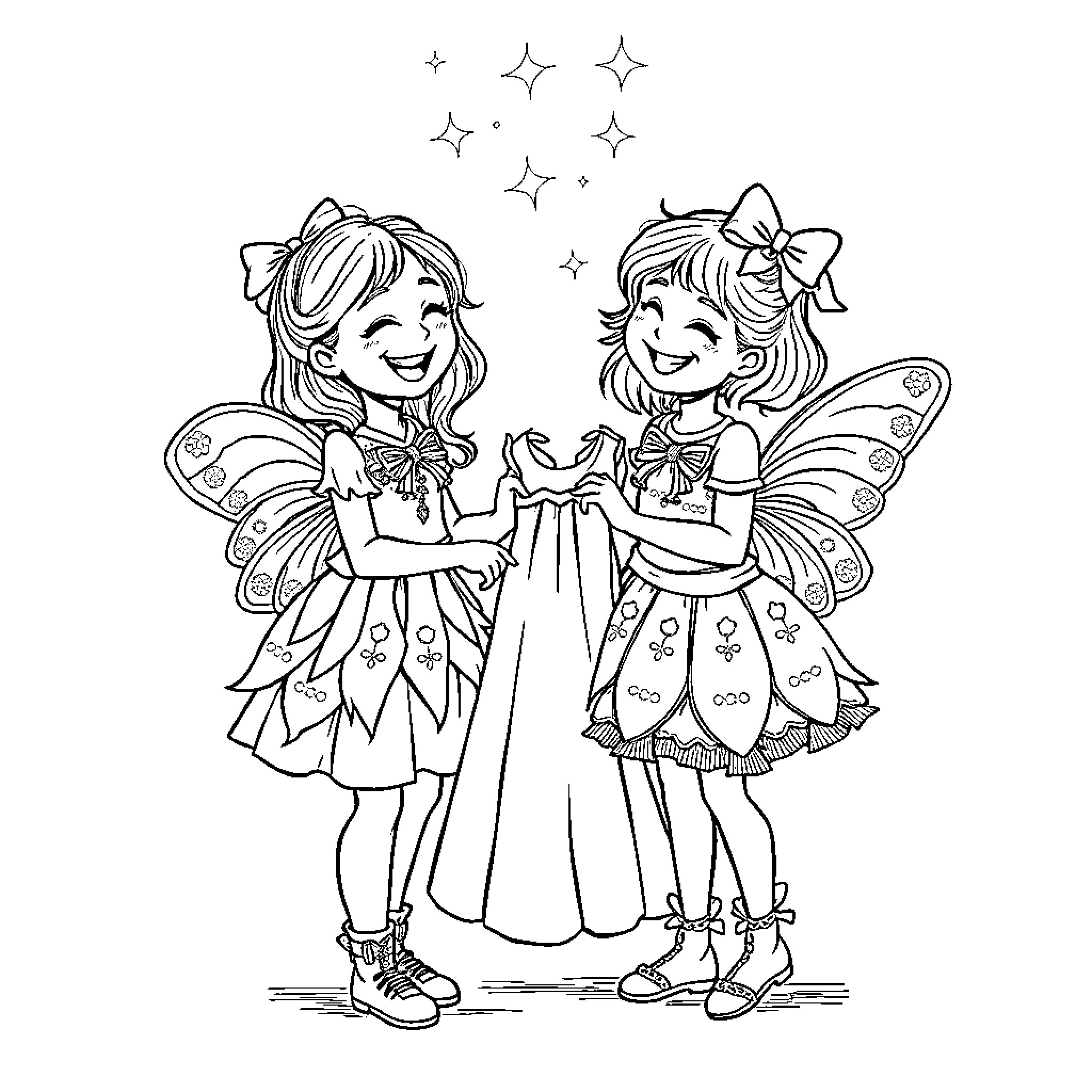 Girls enjoying fairy fantasy in enchanted scene Coloring Page (free black-and-white line drawing printable PDF for all, from beginners to advanced learners, including children, teens, adults, and seniors)
