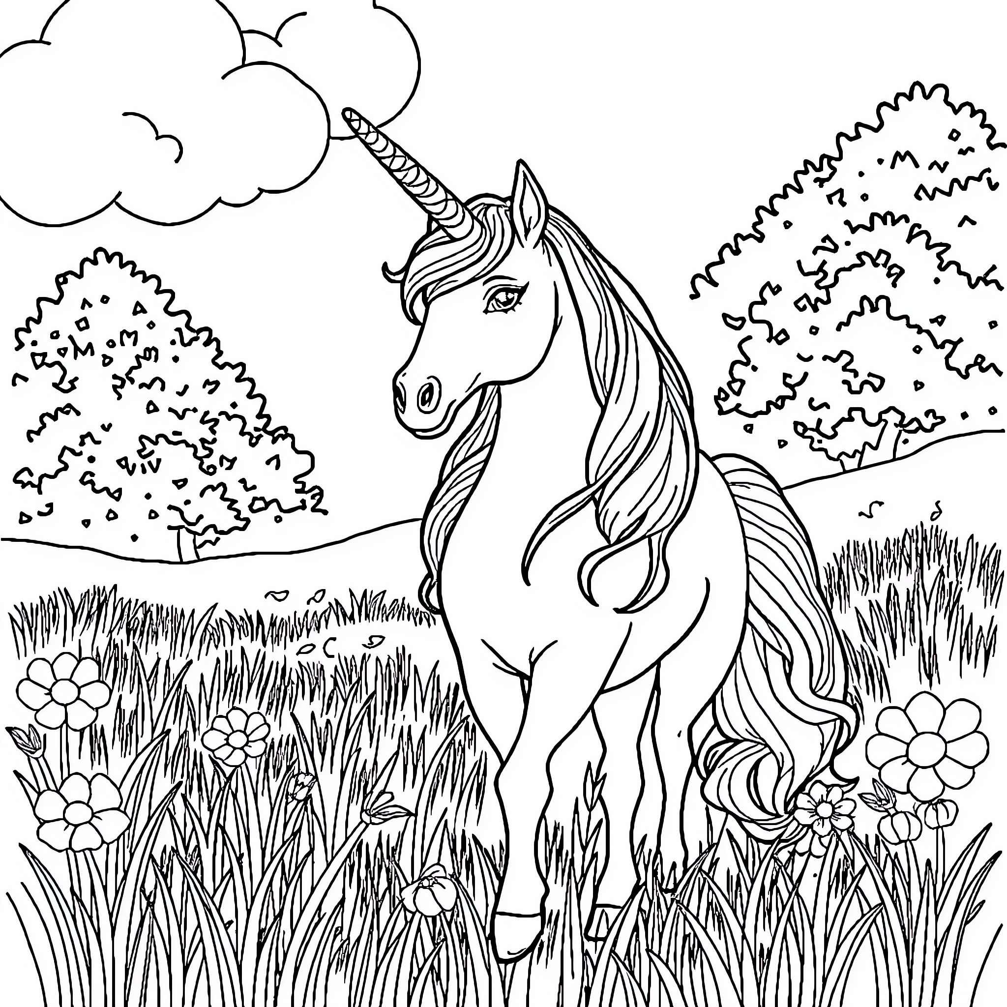 Unicorn prancing gracefully in a magical meadow Coloring Page (free black-and-white line drawing printable PDF for all, from beginners to advanced learners, including children, teens, adults, and seniors)