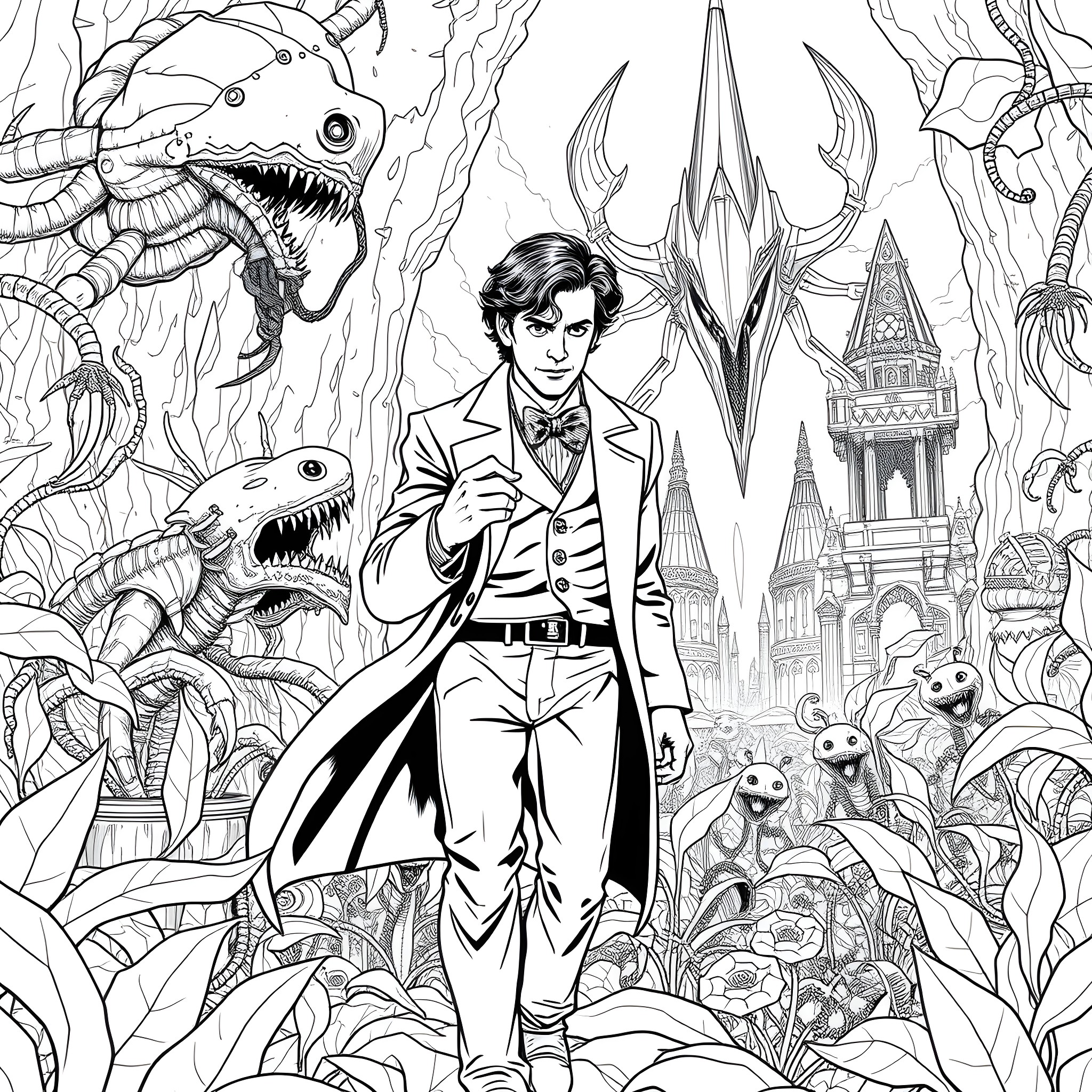 Doctor Who standing amidst fantastical creatures and scenery Coloring Page (free black-and-white line drawing printable PDF for all, from beginners to advanced learners, including children, teens, adults, and seniors)