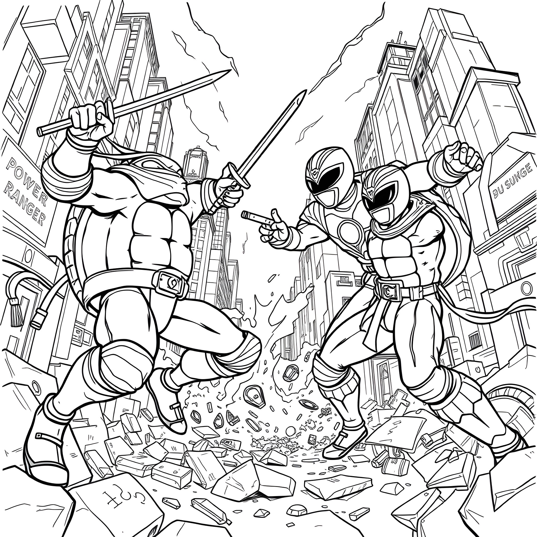 Turtle warriors battle in the city streets Coloring Page (free black-and-white line drawing printable PDF for all, from beginners to advanced learners, including children, teens, adults, and seniors)
