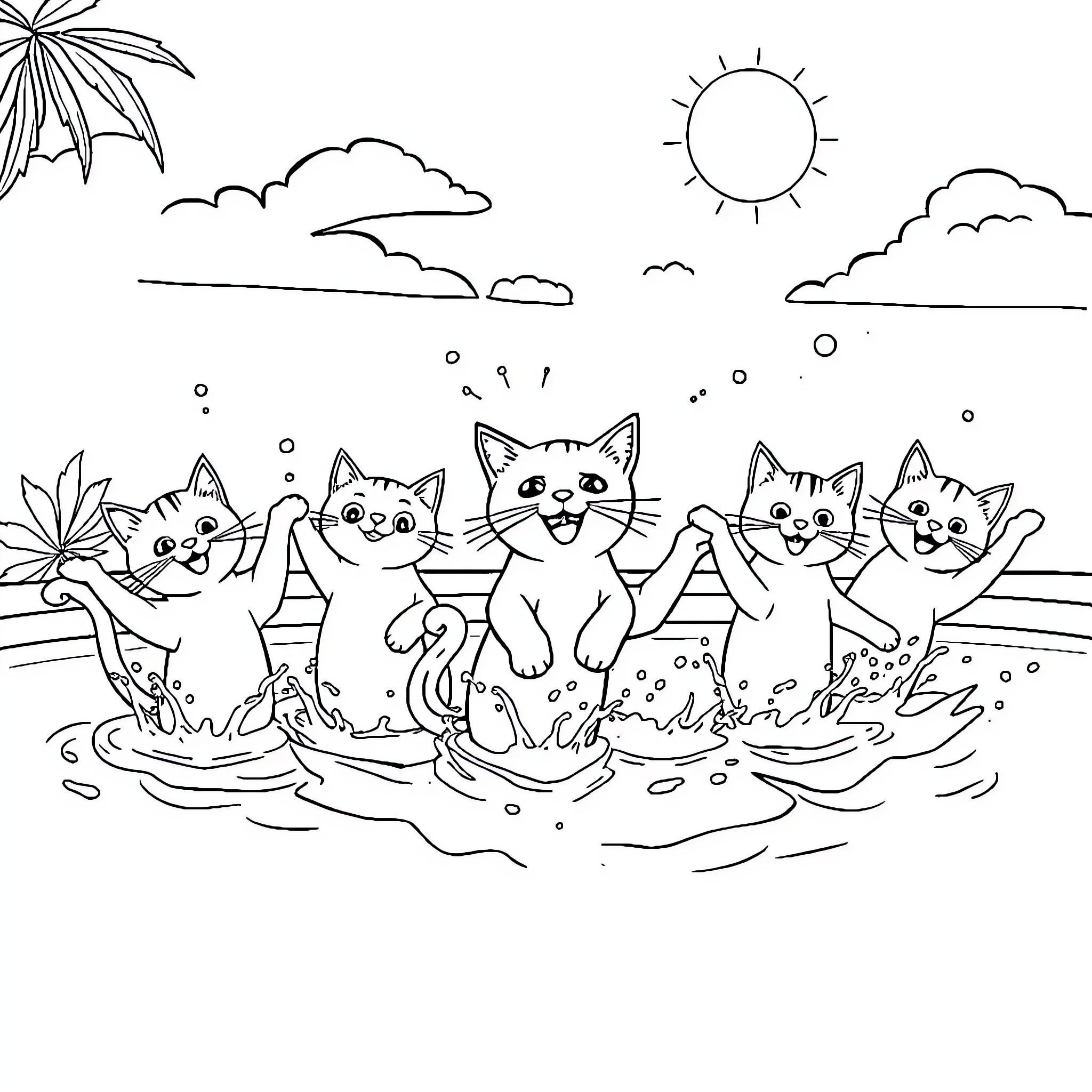 Cat friends splashing in the water Coloring Page (free black-and-white line drawing printable PDF for all, from beginners to advanced learners, including children, teens, adults, and seniors)