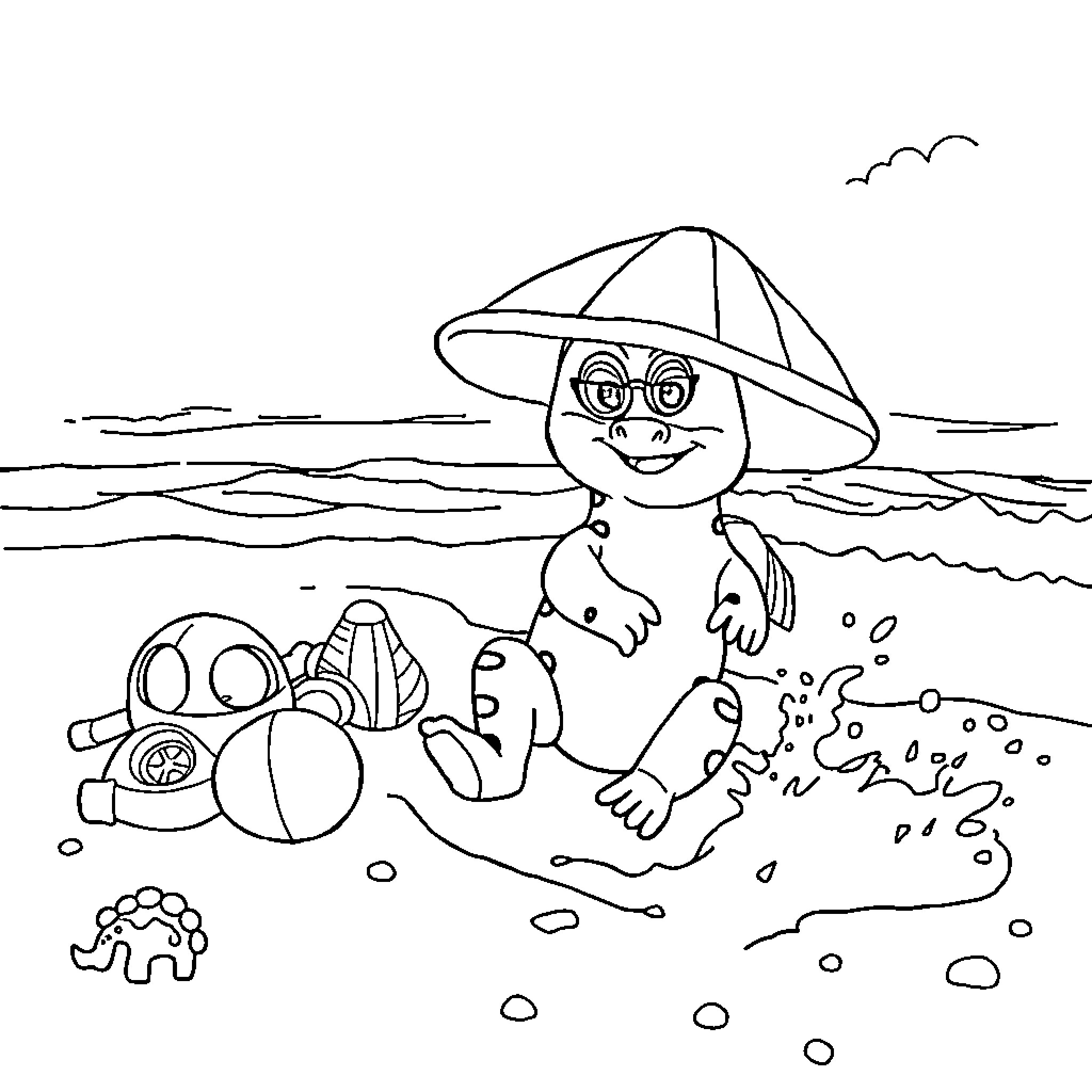 Paw Patrol characters playing at the beach Coloring Page (free black-and-white line drawing printable PDF for all, from beginners to advanced learners, including children, teens, adults, and seniors)