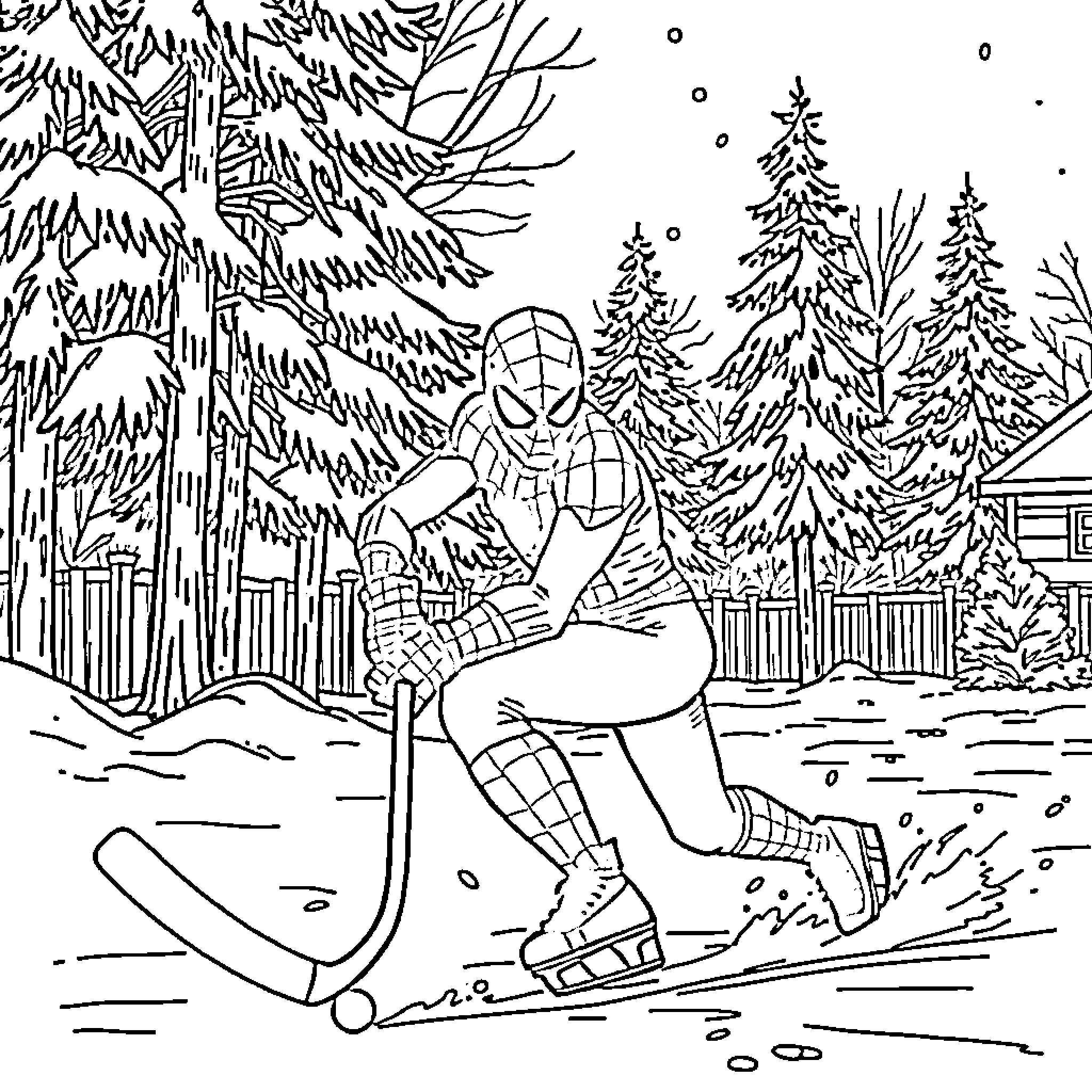 Spiderman enjoying winter sports in snowy forest Coloring Page (free black-and-white line drawing printable PDF for all, from beginners to advanced learners, including children, teens, adults, and seniors)