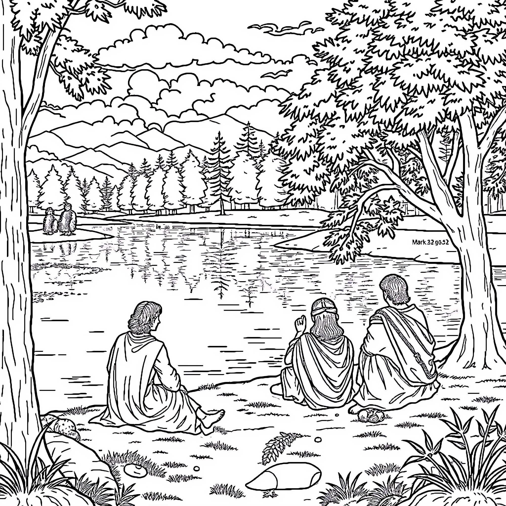 Biblical Tranquil Lake Scene with Gathered Figures Coloring Page (free black-and-white line drawing printable PDF for all, from beginners to advanced learners, including children, teens, adults, and seniors)