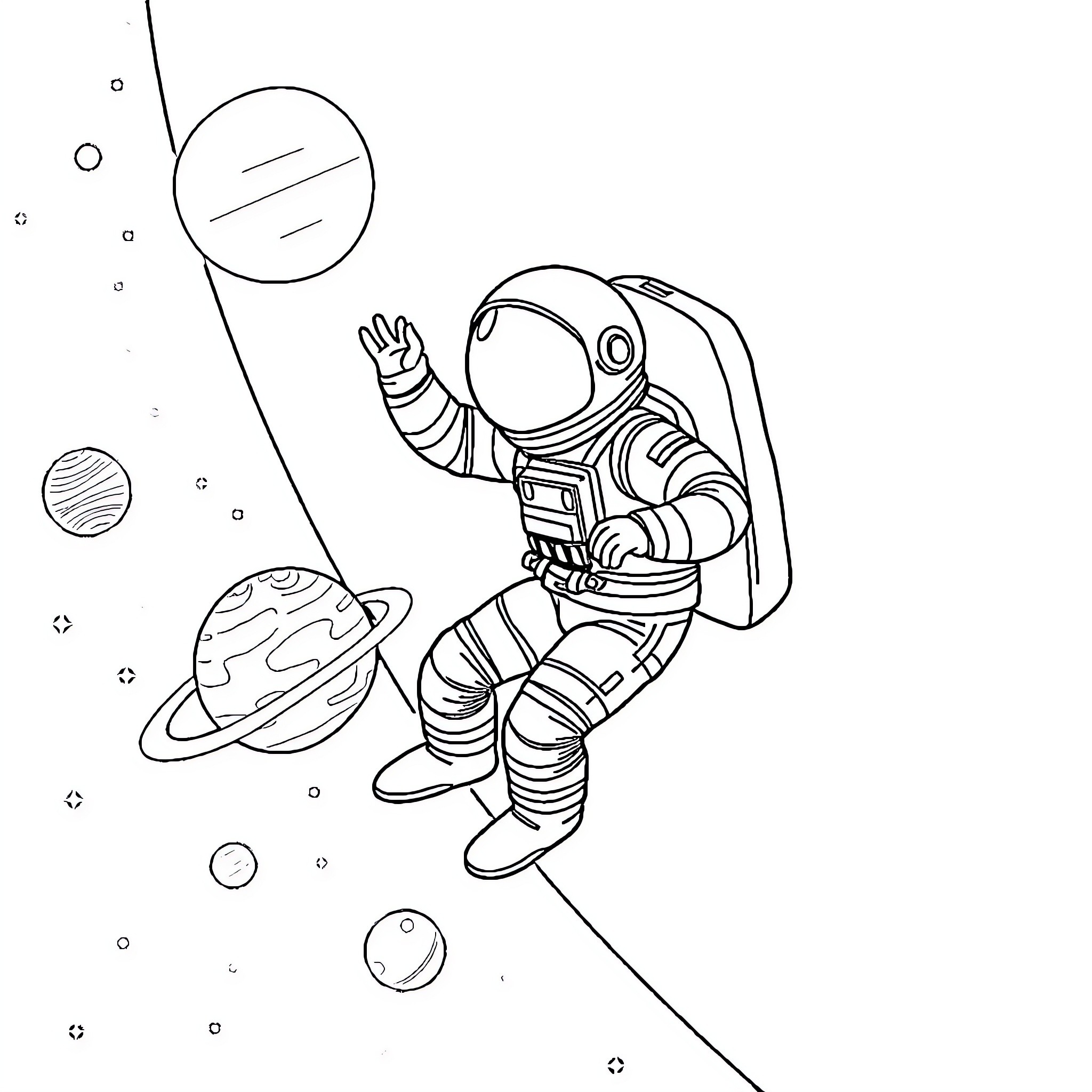 Astronaut floating in outer space with planets Coloring Page (free black-and-white line drawing printable PDF for all, from beginners to advanced learners, including children, teens, adults, and seniors)