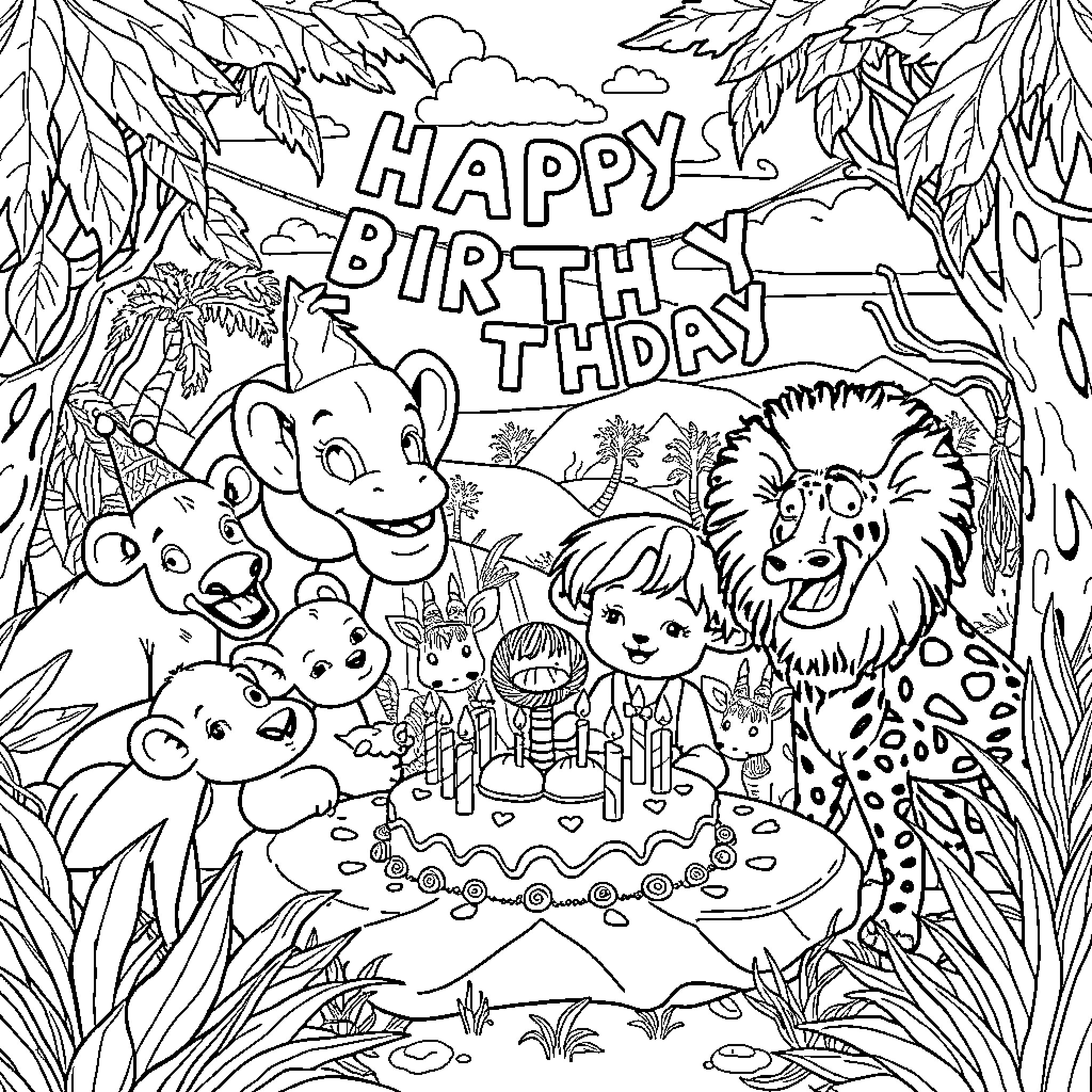 Safari animals celebrate a happy birthday party Coloring Page (free black-and-white line drawing printable PDF for all, from beginners to advanced learners, including children, teens, adults, and seniors)