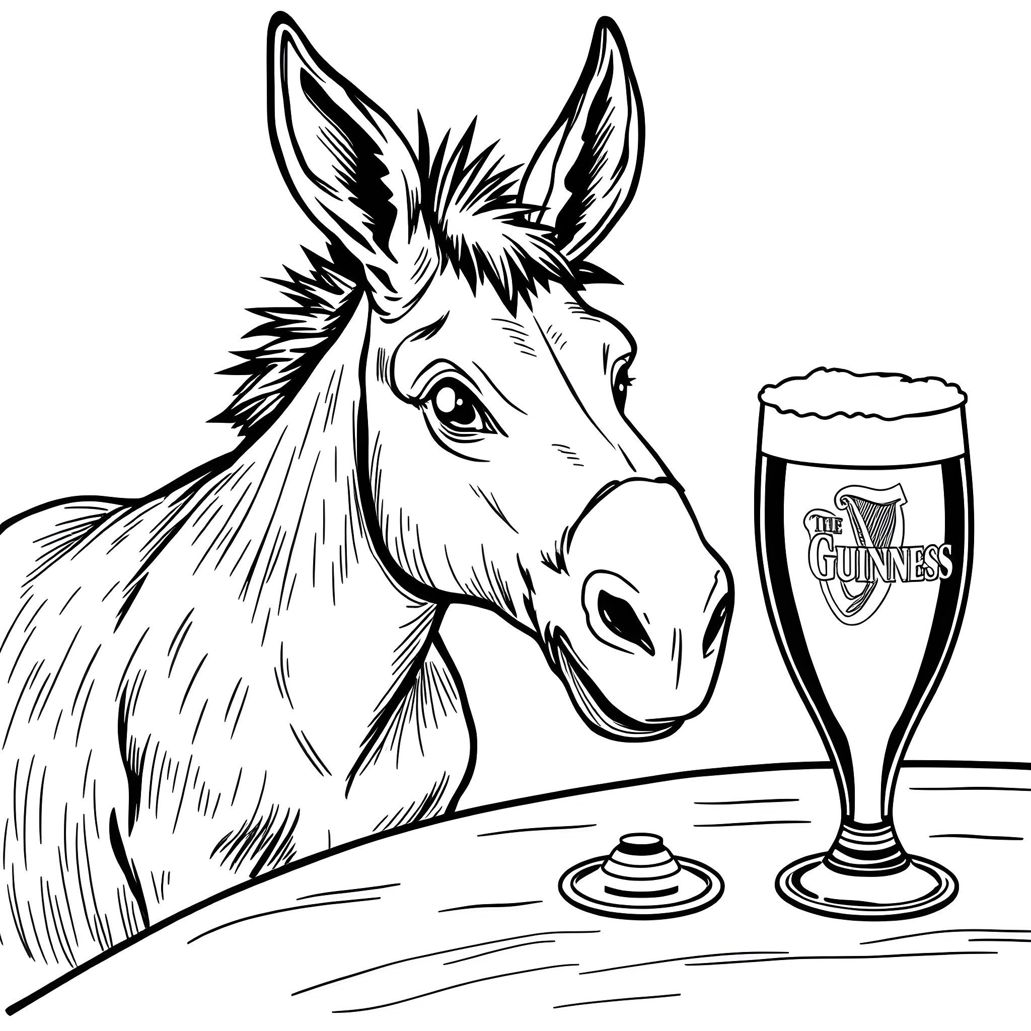 Donkey enjoying a Guinness drink Coloring Page (free black-and-white line drawing printable PDF for all, from beginners to advanced learners, including children, teens, adults, and seniors)