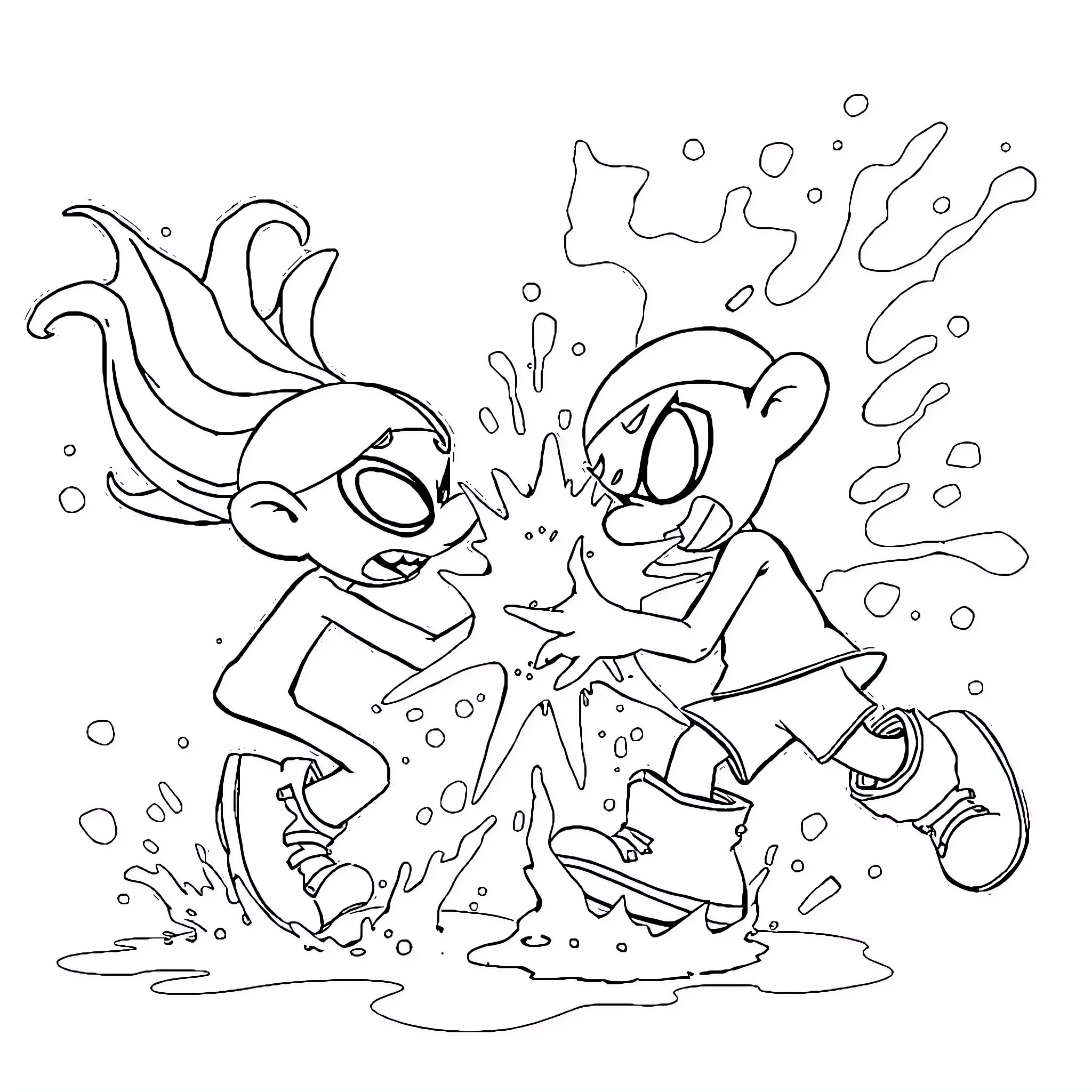 Inkling characters engaged in playful antics Coloring Page (free black-and-white line drawing printable PDF for all, from beginners to advanced learners, including children, teens, adults, and seniors)