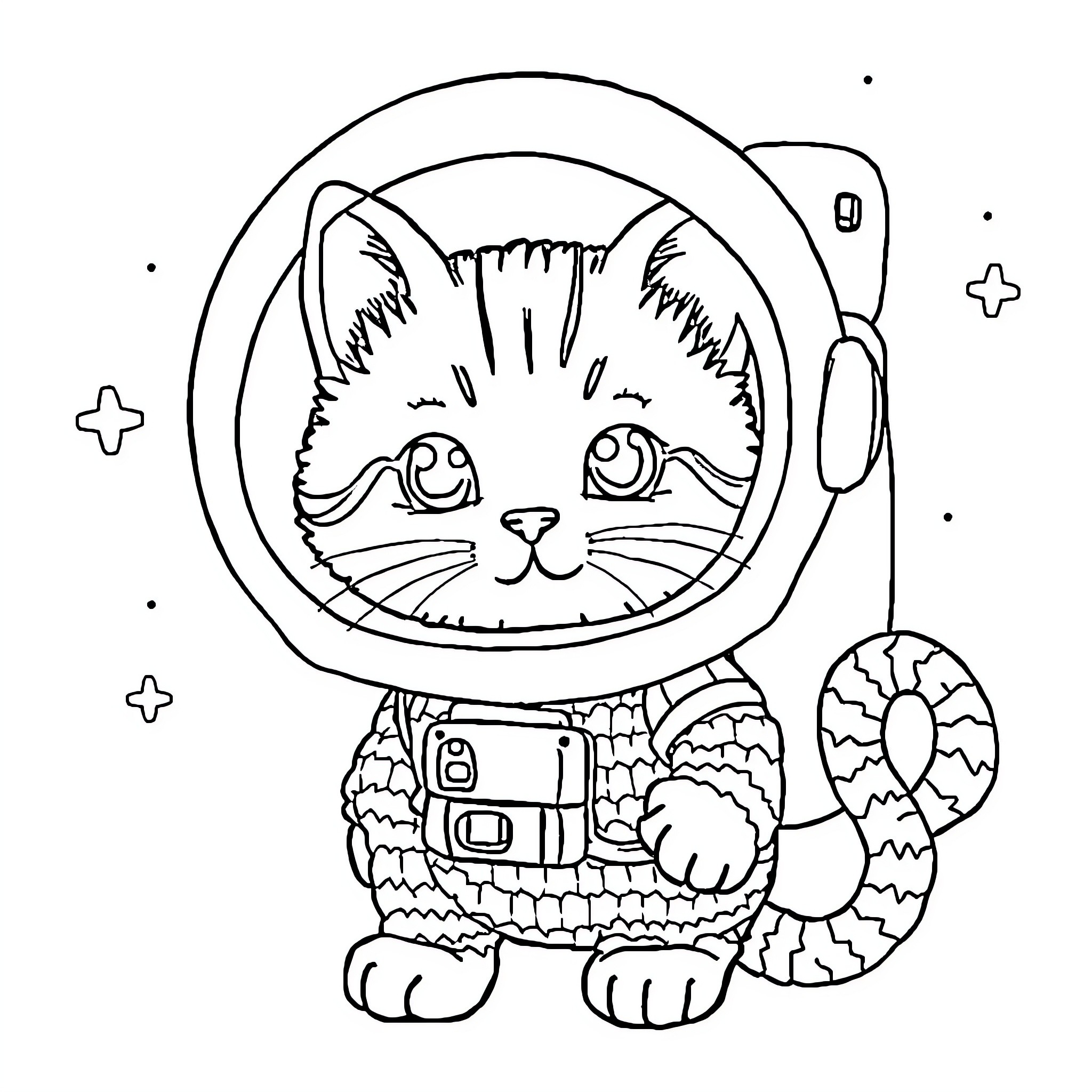 Cat astronaut exploring the cosmos Coloring Page (free black-and-white line drawing printable PDF for all, from beginners to advanced learners, including children, teens, adults, and seniors)