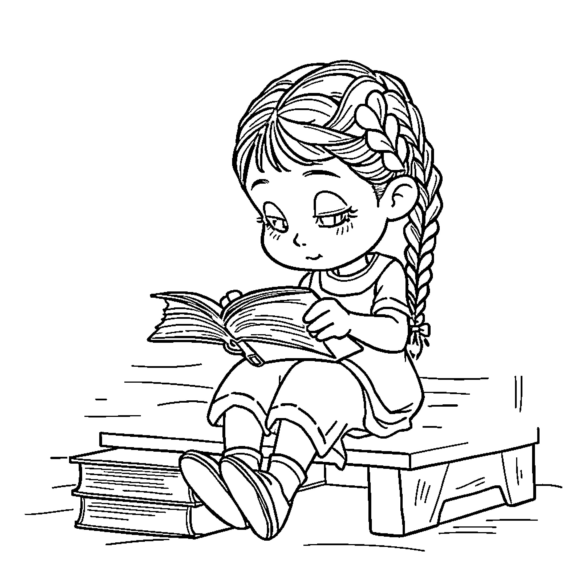 Girl Reading Intently with Braided Hair Coloring Page (free black-and-white line drawing printable PDF for all, from beginners to advanced learners, including children, teens, adults, and seniors)