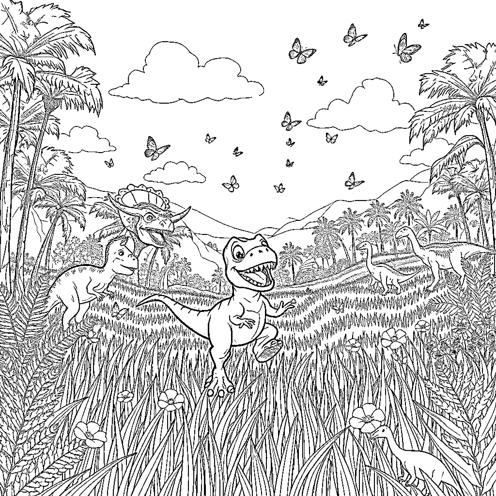Dino Friends Exploring the Lush Tropical Landscape Coloring Page (free black-and-white line drawing printable PDF for all, from beginners to advanced learners, including children, teens, adults, and seniors)
