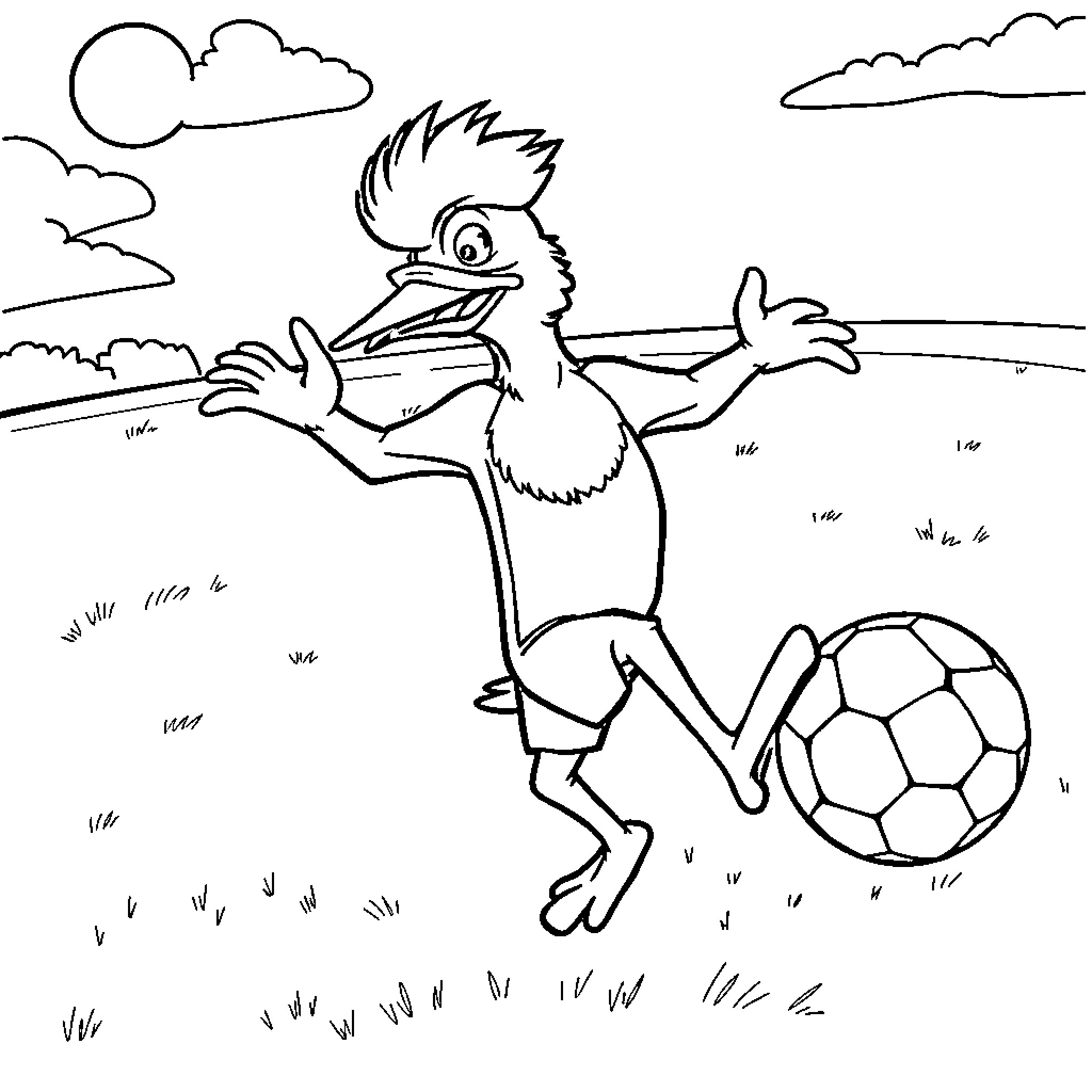 Woody Woodpecker playing happily with a soccer ball Coloring Page (free black-and-white line drawing printable PDF for all, from beginners to advanced learners, including children, teens, adults, and seniors)