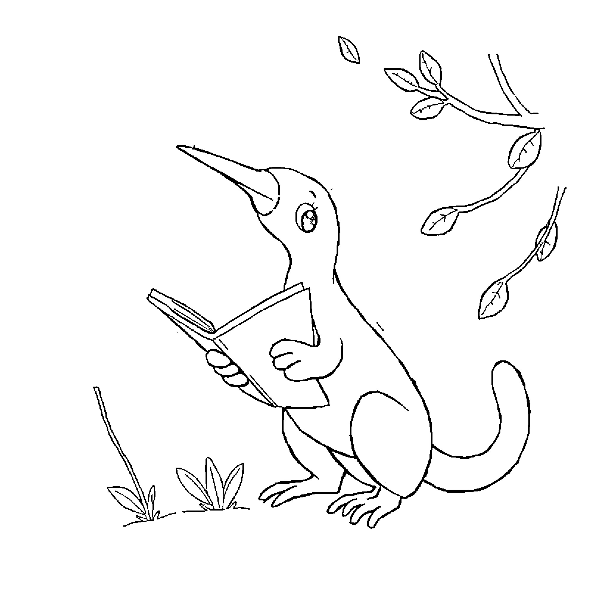 Document Cute Creature Reading Book in Nature Coloring Page (free black-and-white line drawing printable PDF for all, from beginners to advanced learners, including children, teens, adults, and seniors)
