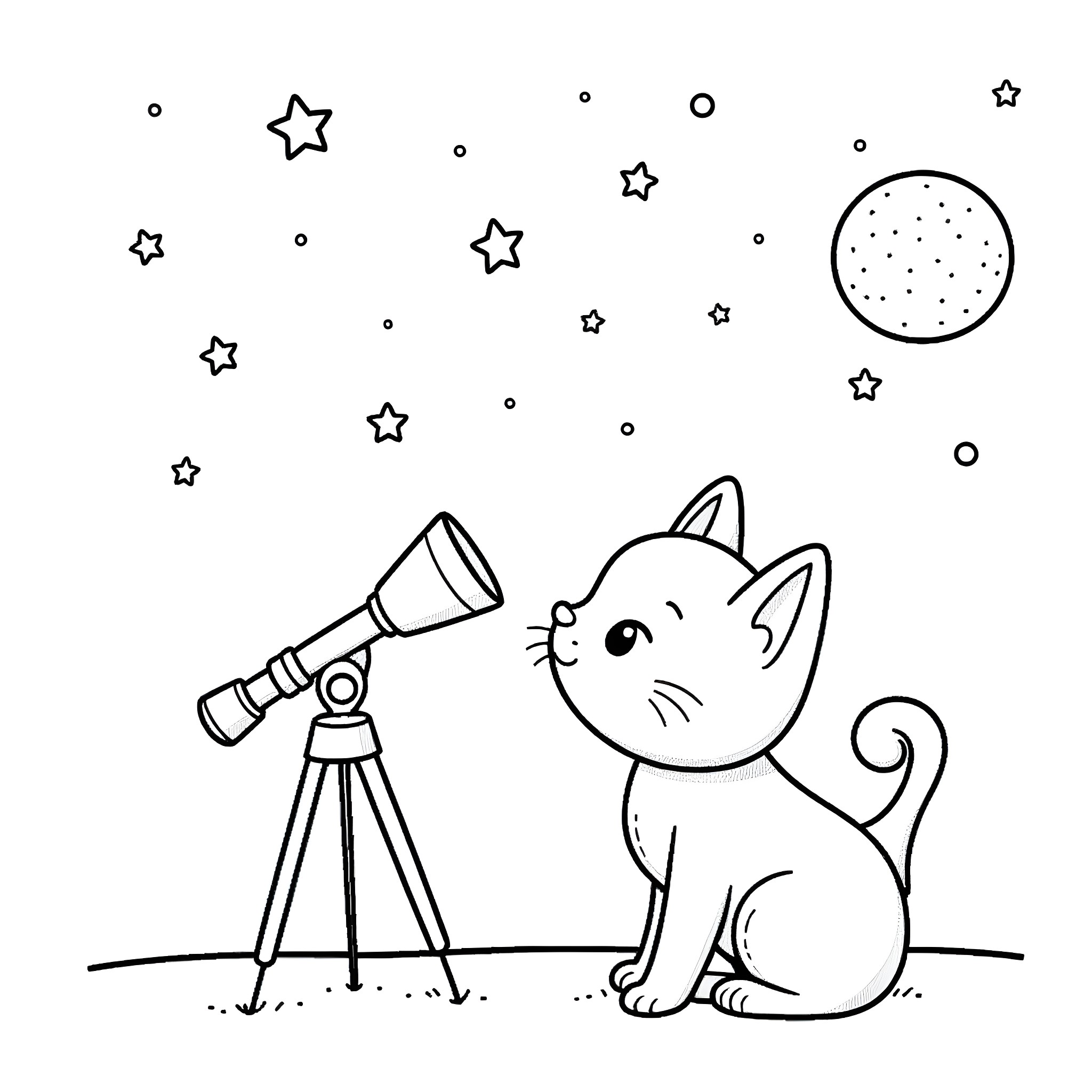 Kitten observing the night sky through a telescope Coloring Page (free black-and-white line drawing printable PDF for all, from beginners to advanced learners, including children, teens, adults, and seniors)