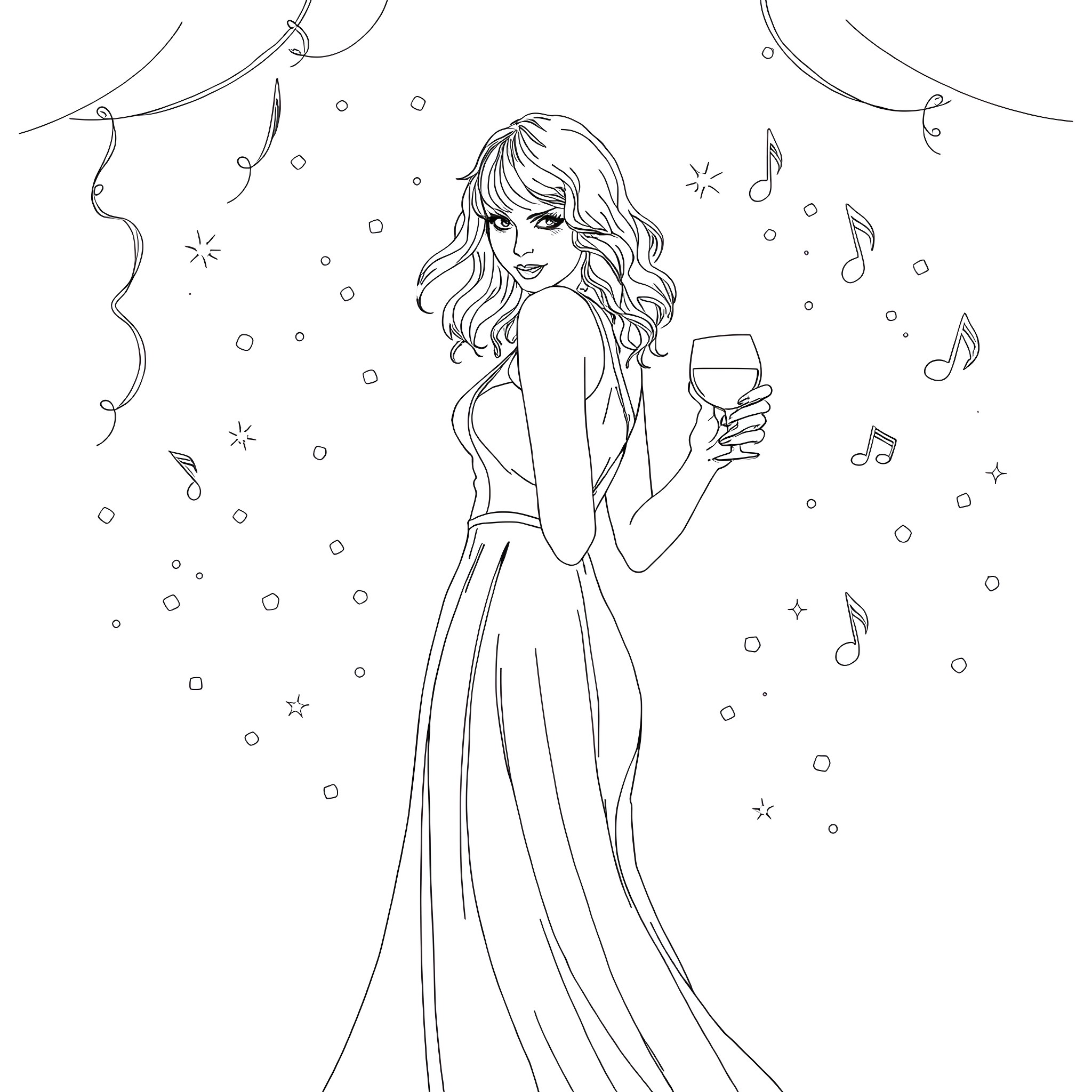 Taylor Swift enjoying a night out with a glass of wine Coloring Page (free black-and-white line drawing printable PDF for all, from beginners to advanced learners, including children, teens, adults, and seniors)