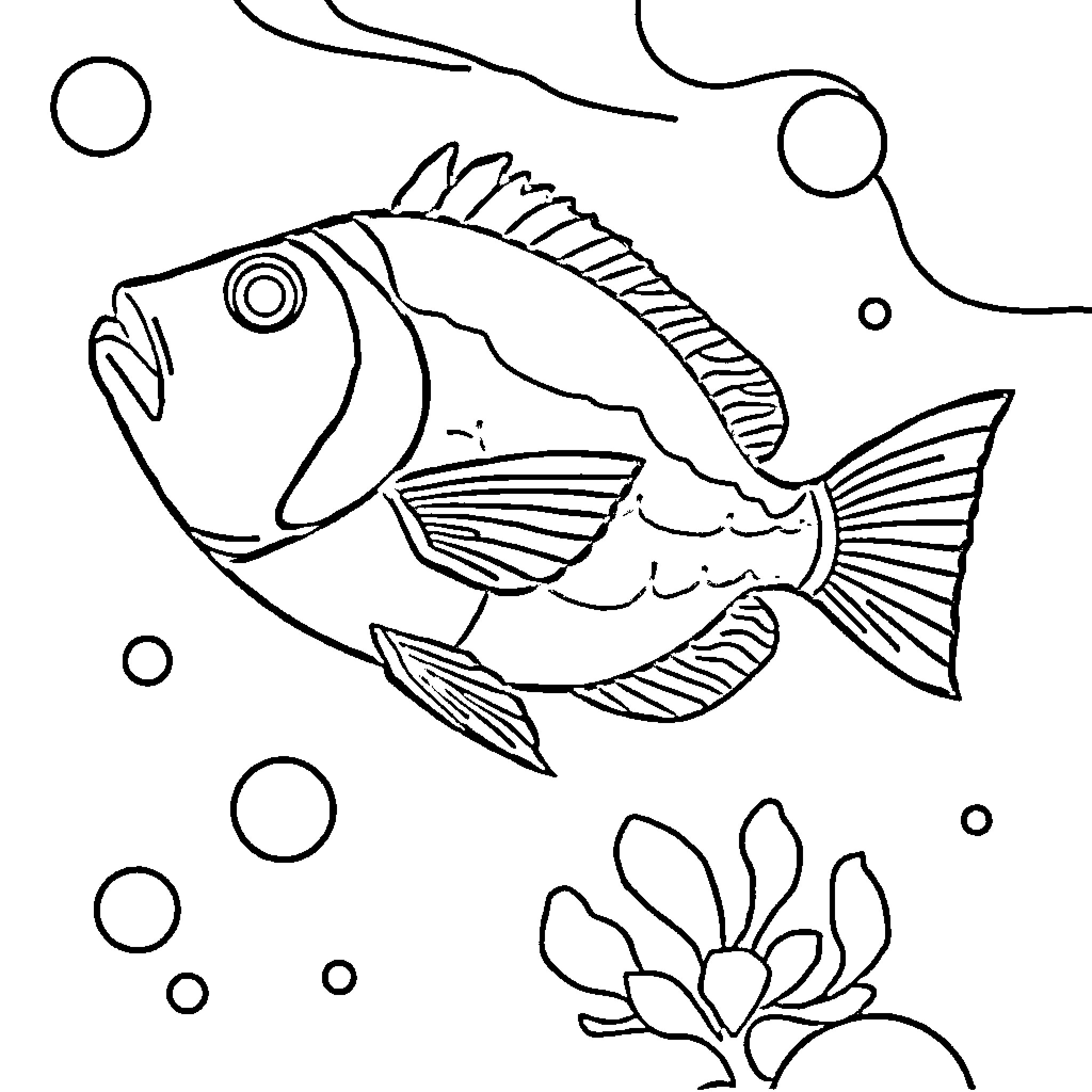 Fish swimming in the ocean Coloring Page (free black-and-white line drawing printable PDF for all, from beginners to advanced learners, including children, teens, adults, and seniors)