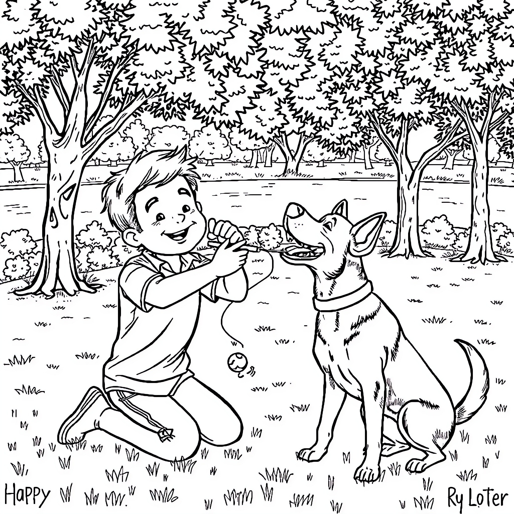 Dog playing happily with a boy in the park Coloring Page (free black-and-white line drawing printable PDF for all, from beginners to advanced learners, including children, teens, adults, and seniors)