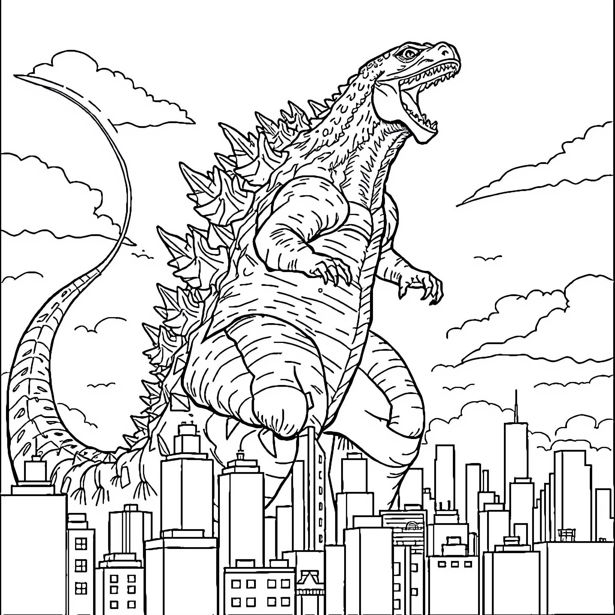 Godzilla rampaging through the city skyline Coloring Page (free black-and-white line drawing printable PDF for all, from beginners to advanced learners, including children, teens, adults, and seniors)