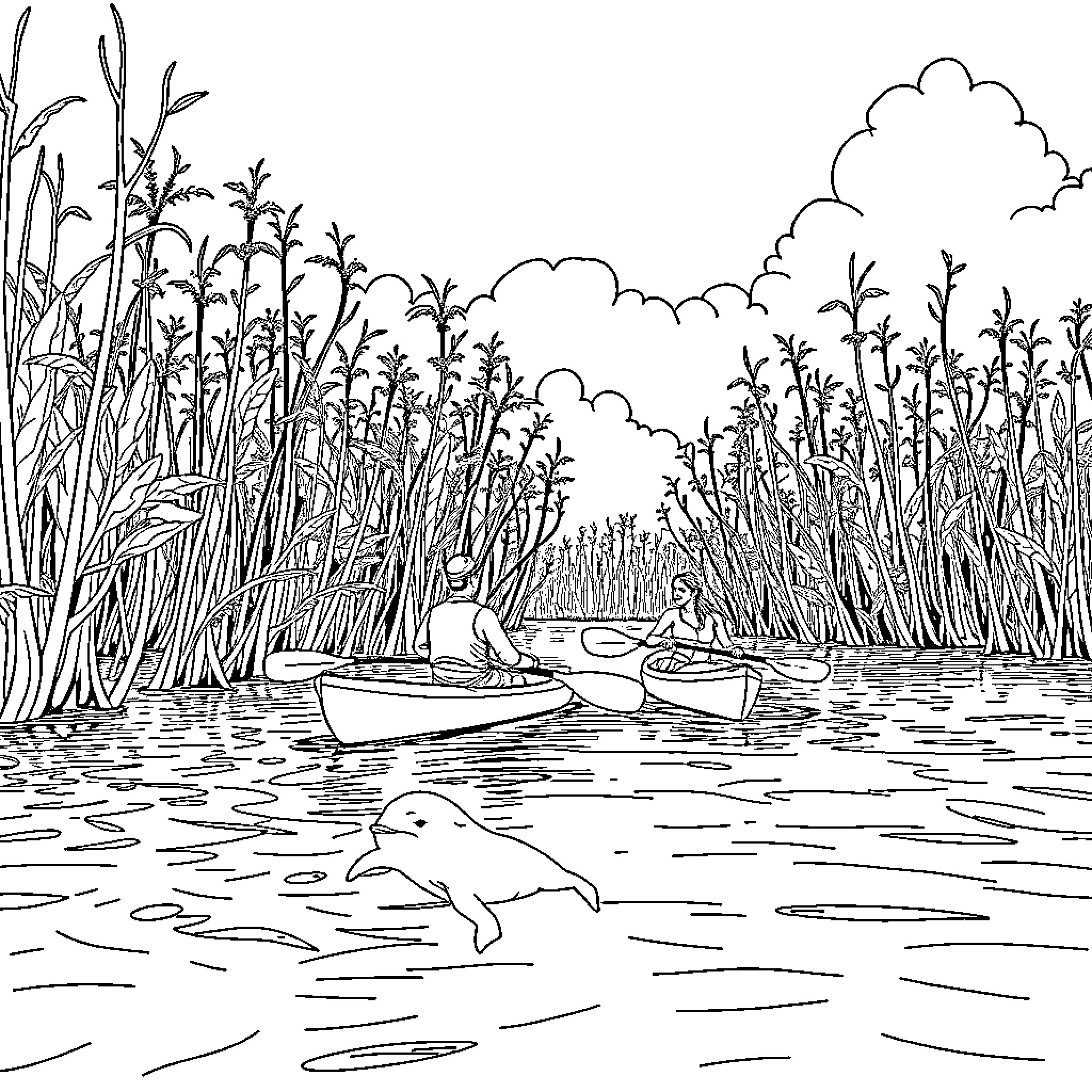 Kayak adventure in the tranquil wetlands Coloring Page (free black-and-white line drawing printable PDF for all, from beginners to advanced learners, including children, teens, adults, and seniors)