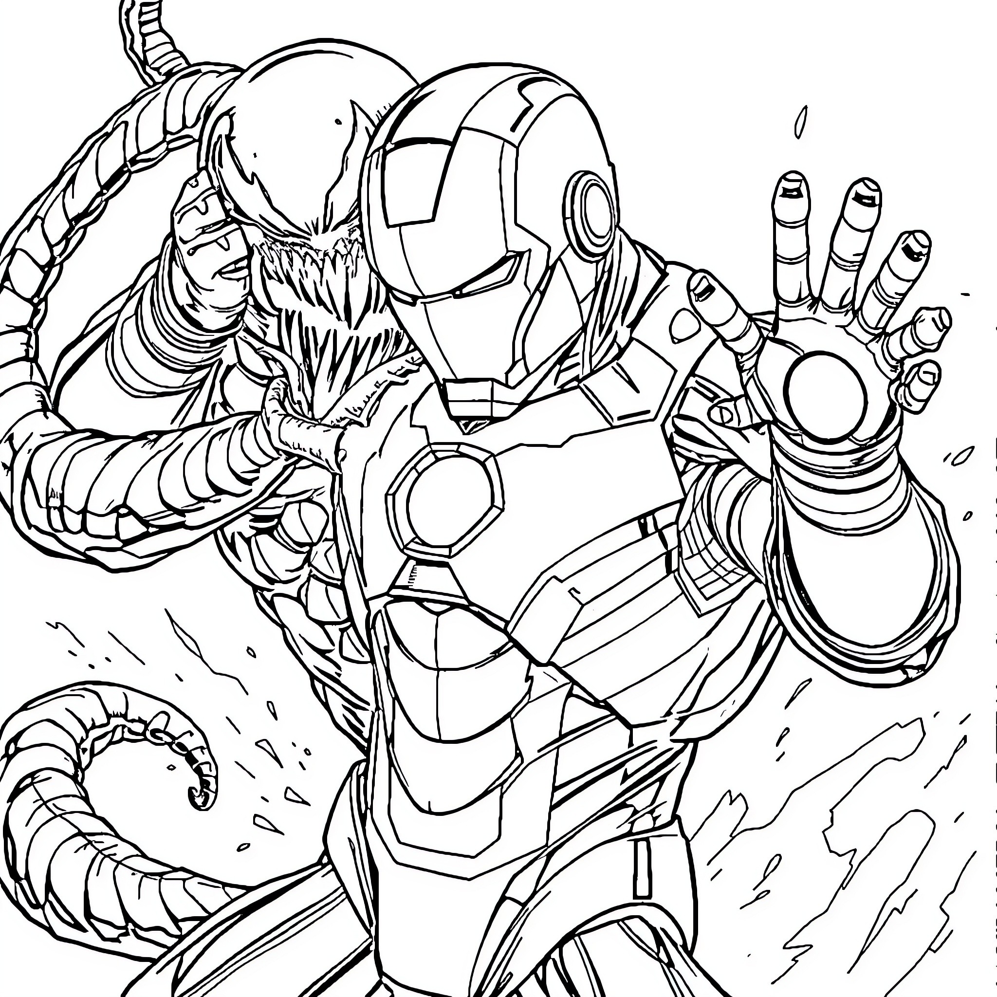 Ironman Taking Action with Powerful Pose Coloring Page (free black-and-white line drawing printable PDF for all, from beginners to advanced learners, including children, teens, adults, and seniors)