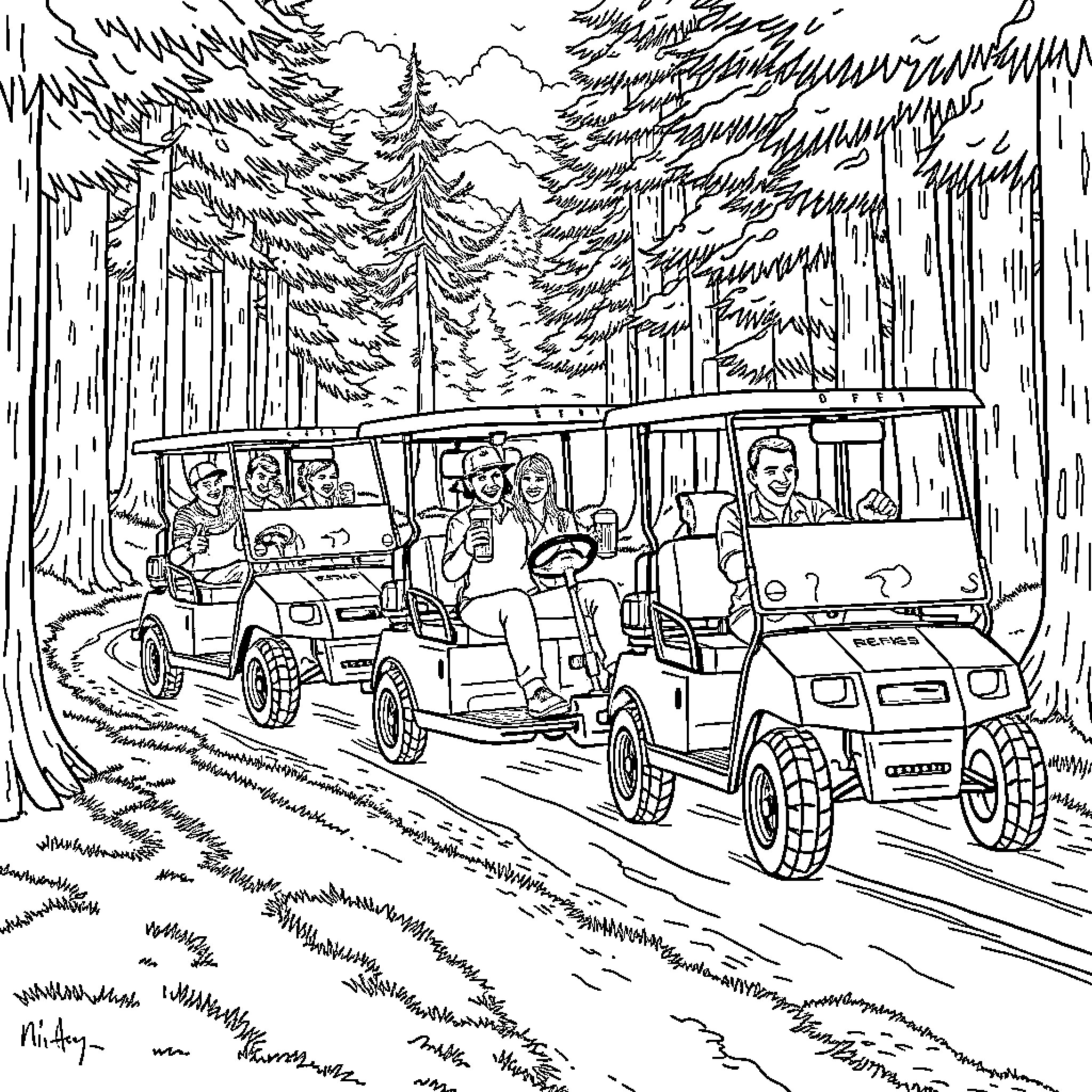 Golf Cart Parade through Scenic Woodland Landscape Coloring Page (free black-and-white line drawing printable PDF for all, from beginners to advanced learners, including children, teens, adults, and seniors)