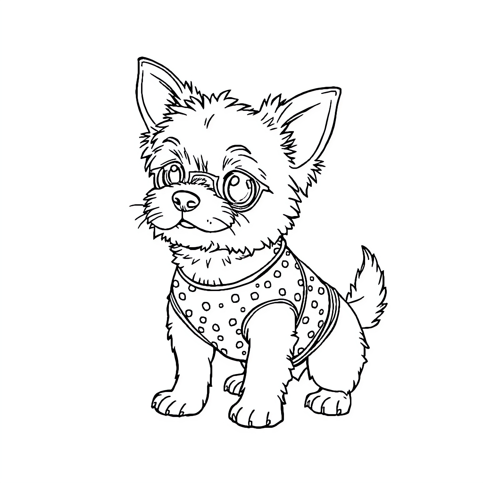 Dog wearing a spotted outfit Coloring Page (free black-and-white line drawing printable PDF for all, from beginners to advanced learners, including children, teens, adults, and seniors)