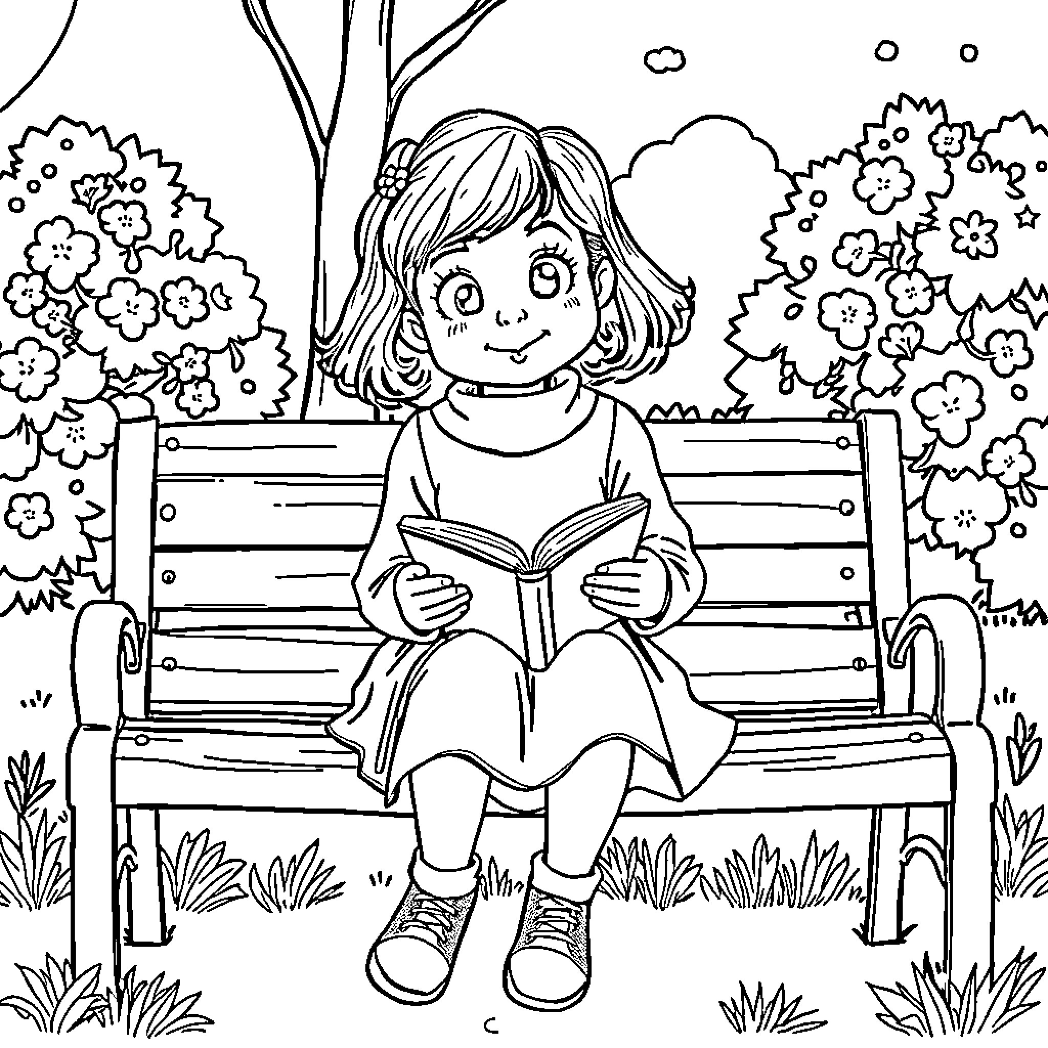 Mafalda reading a book on a park bench Coloring Page (free black-and-white line drawing printable PDF for all, from beginners to advanced learners, including children, teens, adults, and seniors)