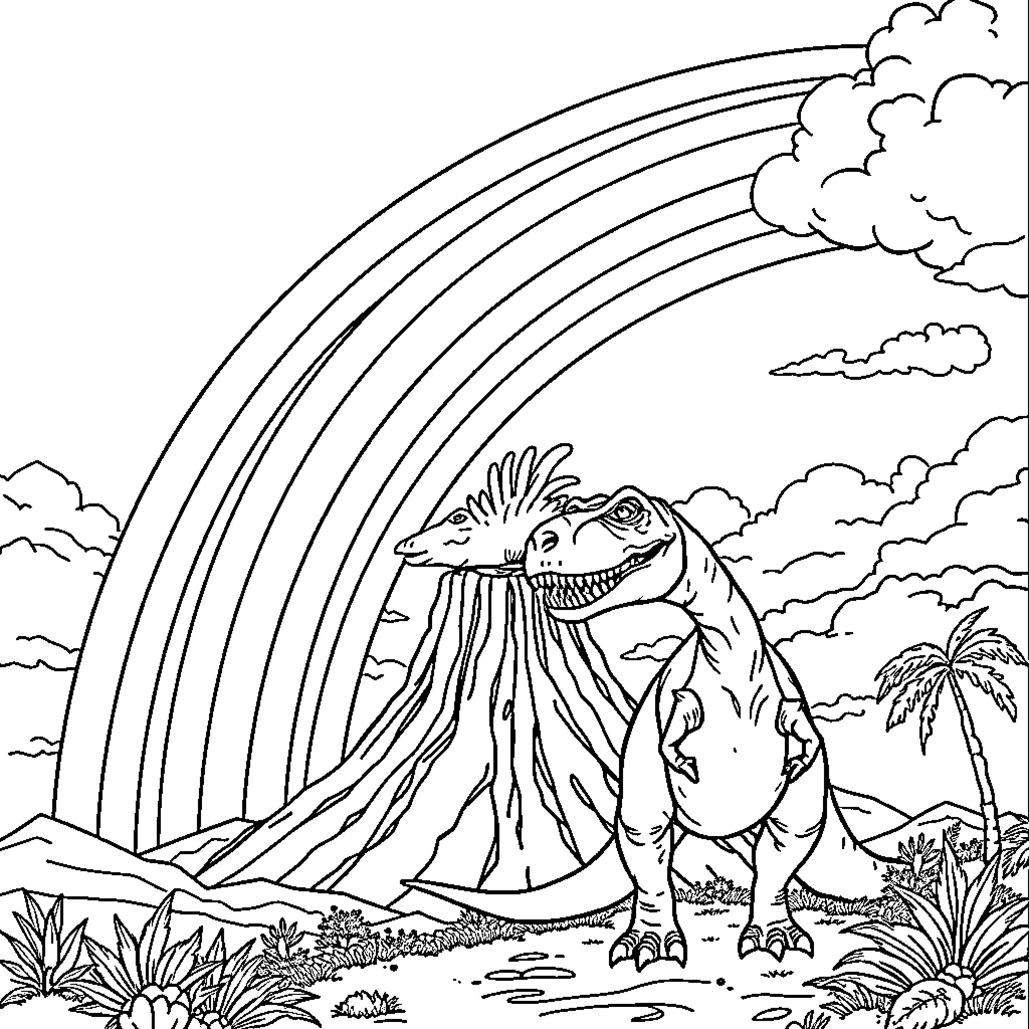 T-Rex admiring the rainbow in a prehistoric landscape Coloring Page (free black-and-white line drawing printable PDF for all, from beginners to advanced learners, including children, teens, adults, and seniors)