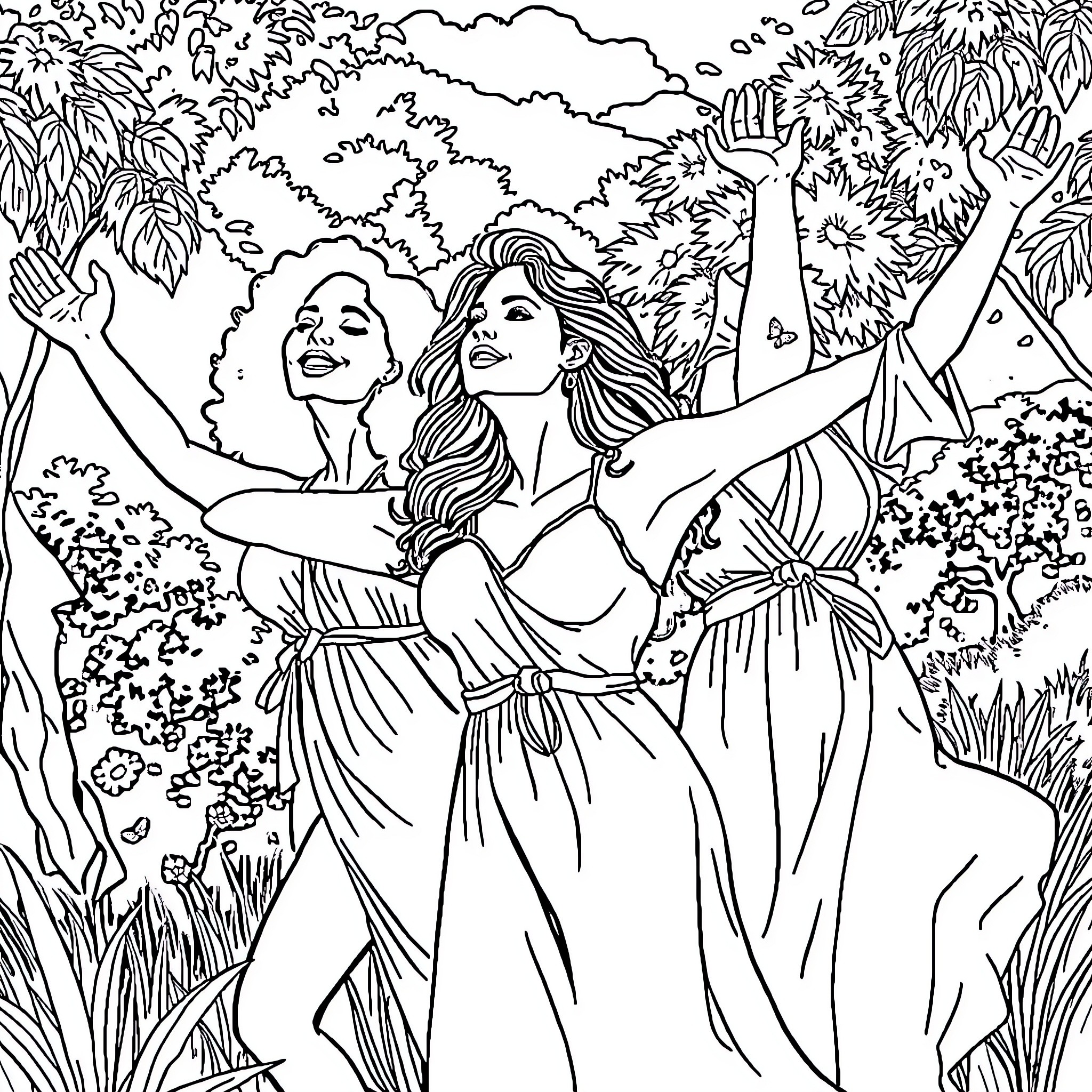 Women joyfully dancing in nature Coloring Page (free black-and-white line drawing printable PDF for all, from beginners to advanced learners, including children, teens, adults, and seniors)