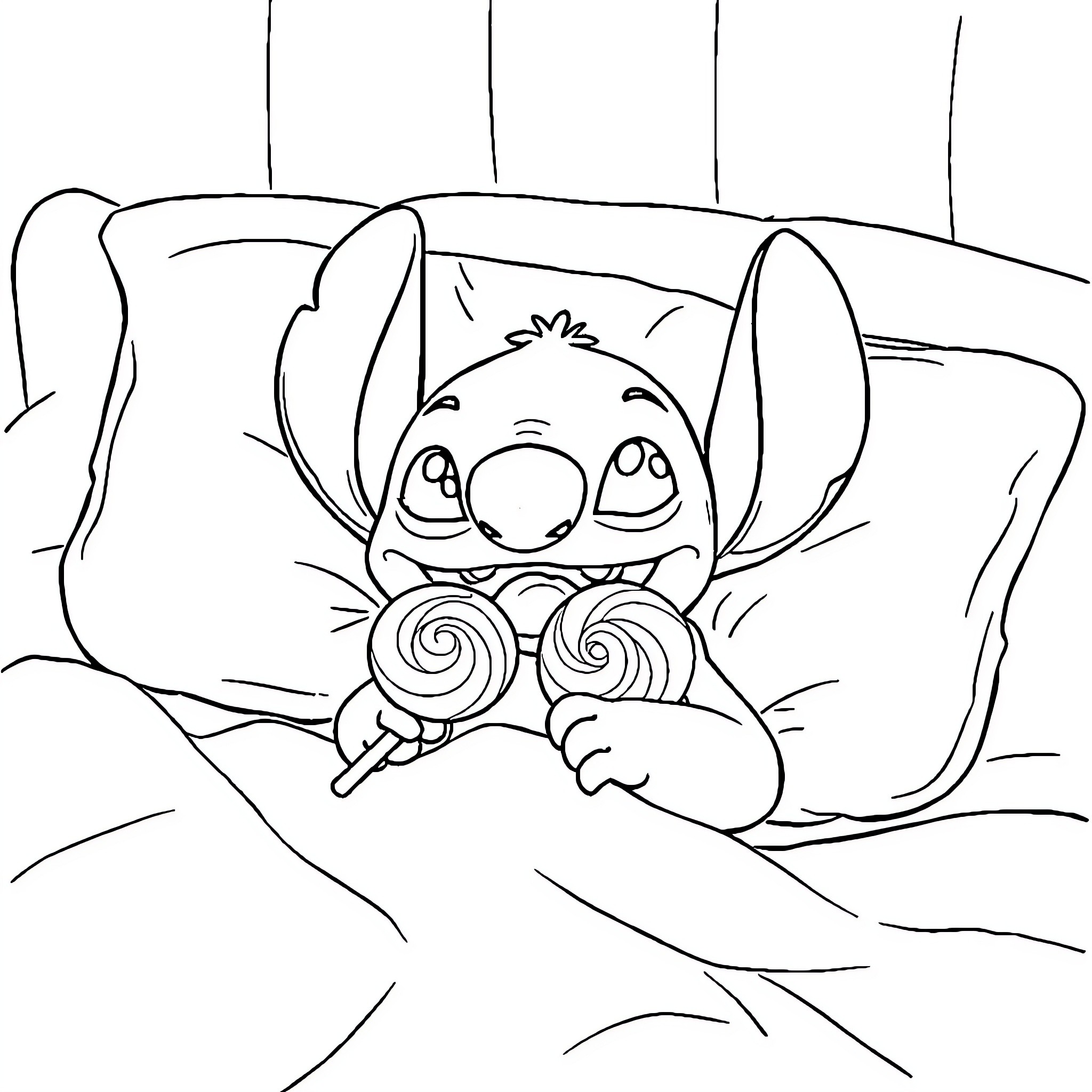 Stitch cuddling with lollipops in bed Coloring Page (free black-and-white line drawing printable PDF for all, from beginners to advanced learners, including children, teens, adults, and seniors)