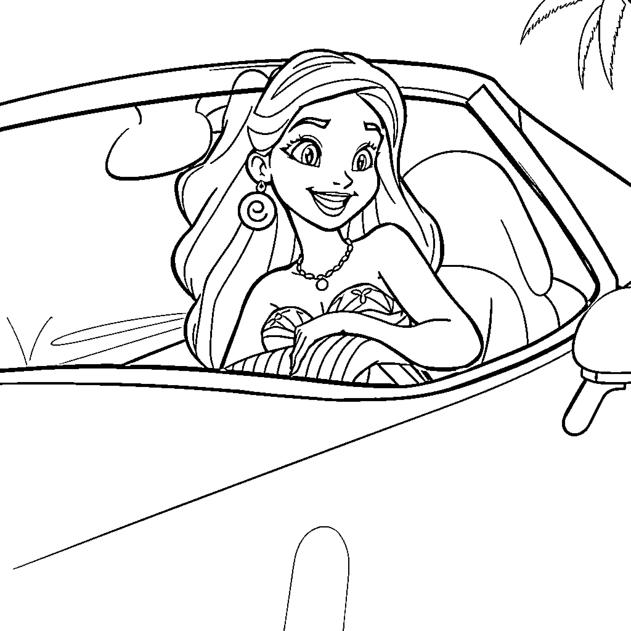 Vaiana driving happily in a boat Coloring Page (free black-and-white line drawing printable PDF for all, from beginners to advanced learners, including children, teens, adults, and seniors)