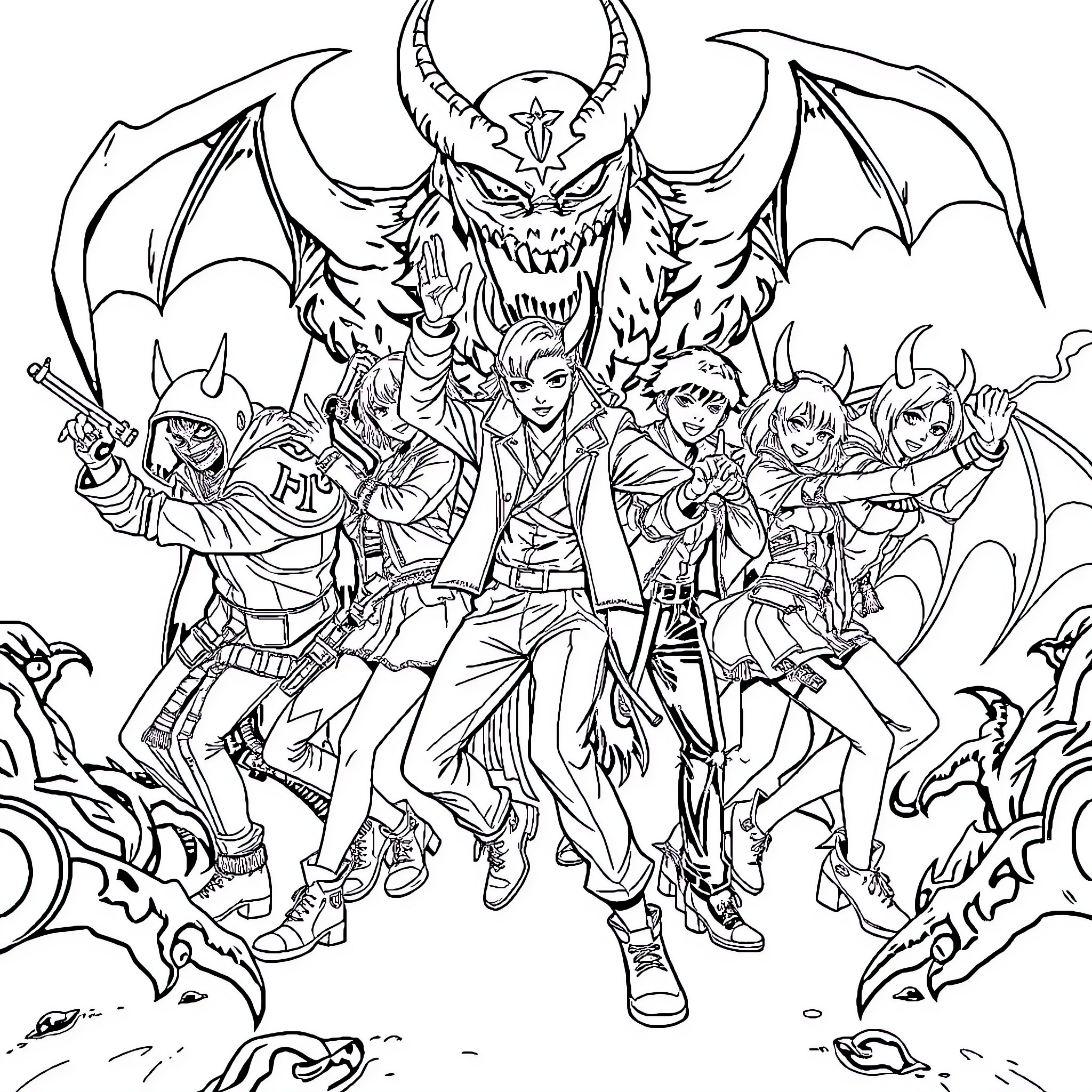 Demon Hunter: Fearless Warrior and Allies Confront Demonic Forces Coloring Page (free black-and-white line drawing printable PDF for all, from beginners to advanced learners, including children, teens, adults, and seniors)
