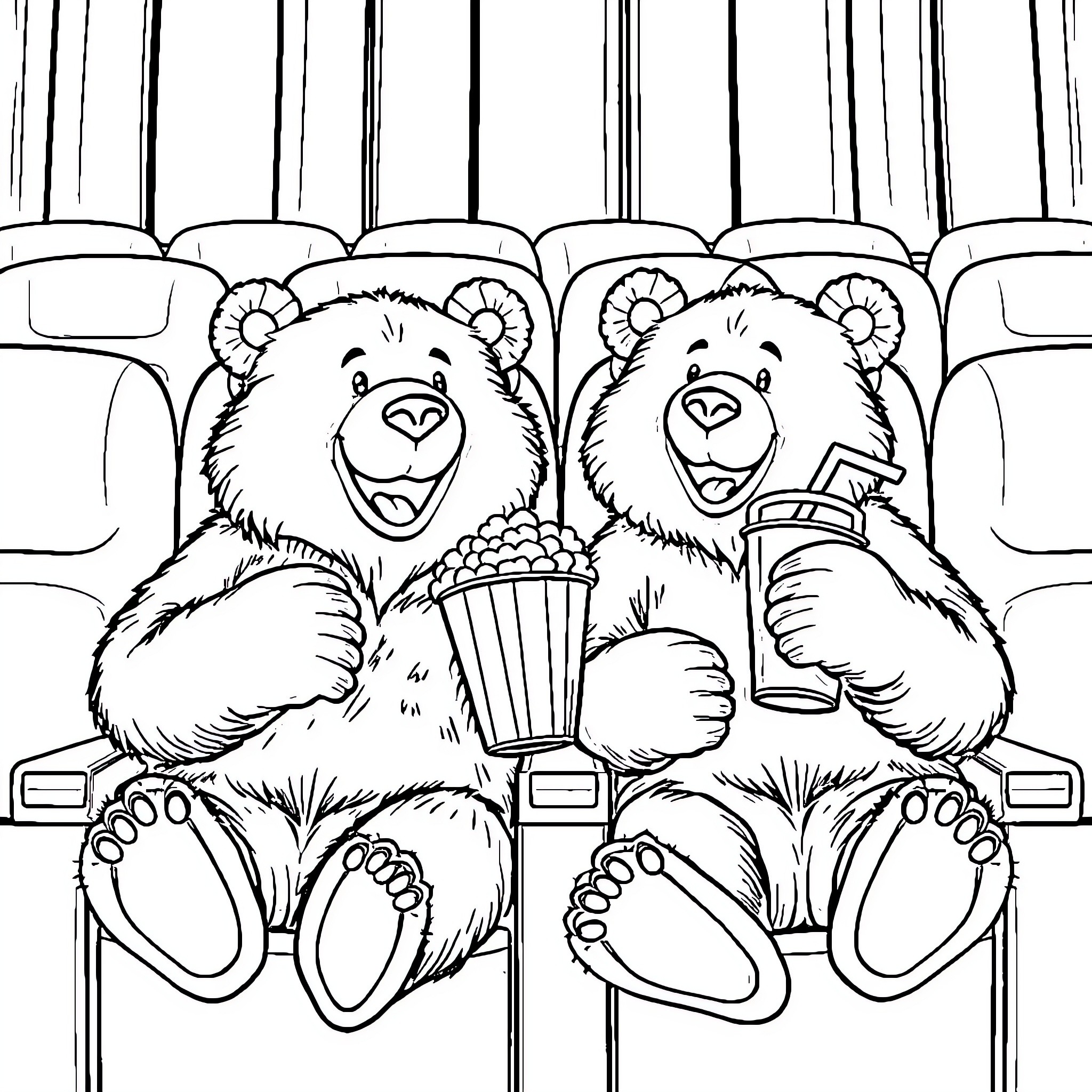 Bear friends enjoying movie snacks at the theater Coloring Page (free black-and-white line drawing printable PDF for all, from beginners to advanced learners, including children, teens, adults, and seniors)