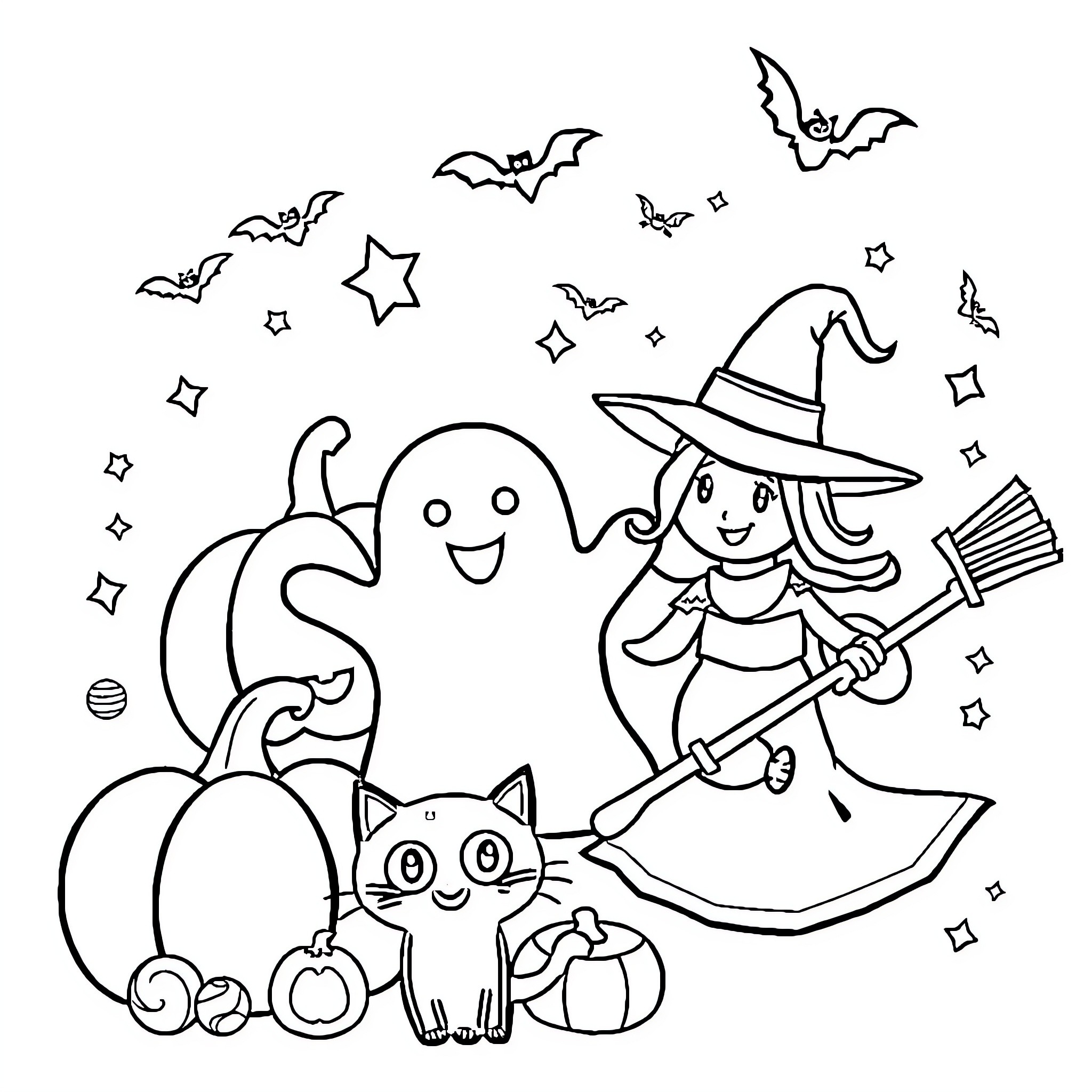 Halloween Witches, Bats, and Pumpkins Coloring Page (free black-and-white line drawing printable PDF for all, from beginners to advanced learners, including children, teens, adults, and seniors)