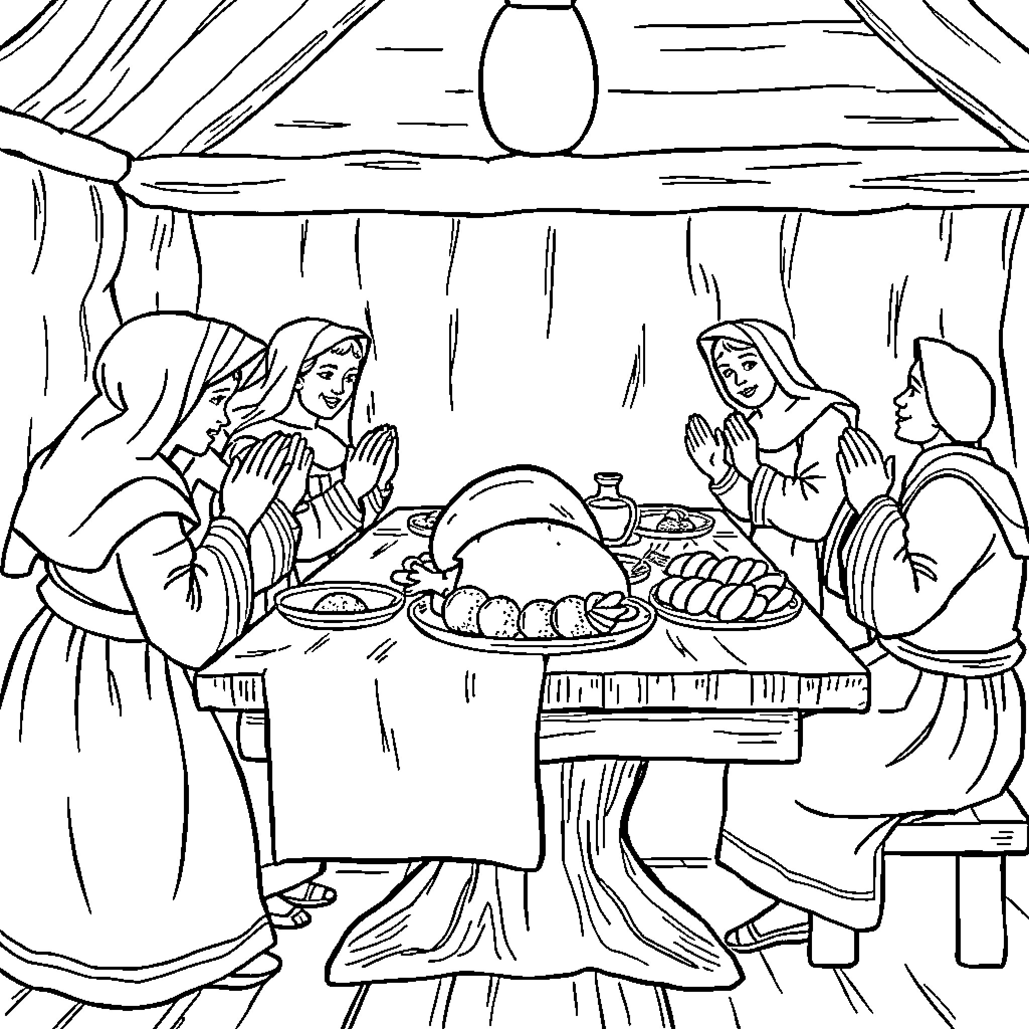 Pilgrim family sharing a meal together Coloring Page (free black-and-white line drawing printable PDF for all, from beginners to advanced learners, including children, teens, adults, and seniors)