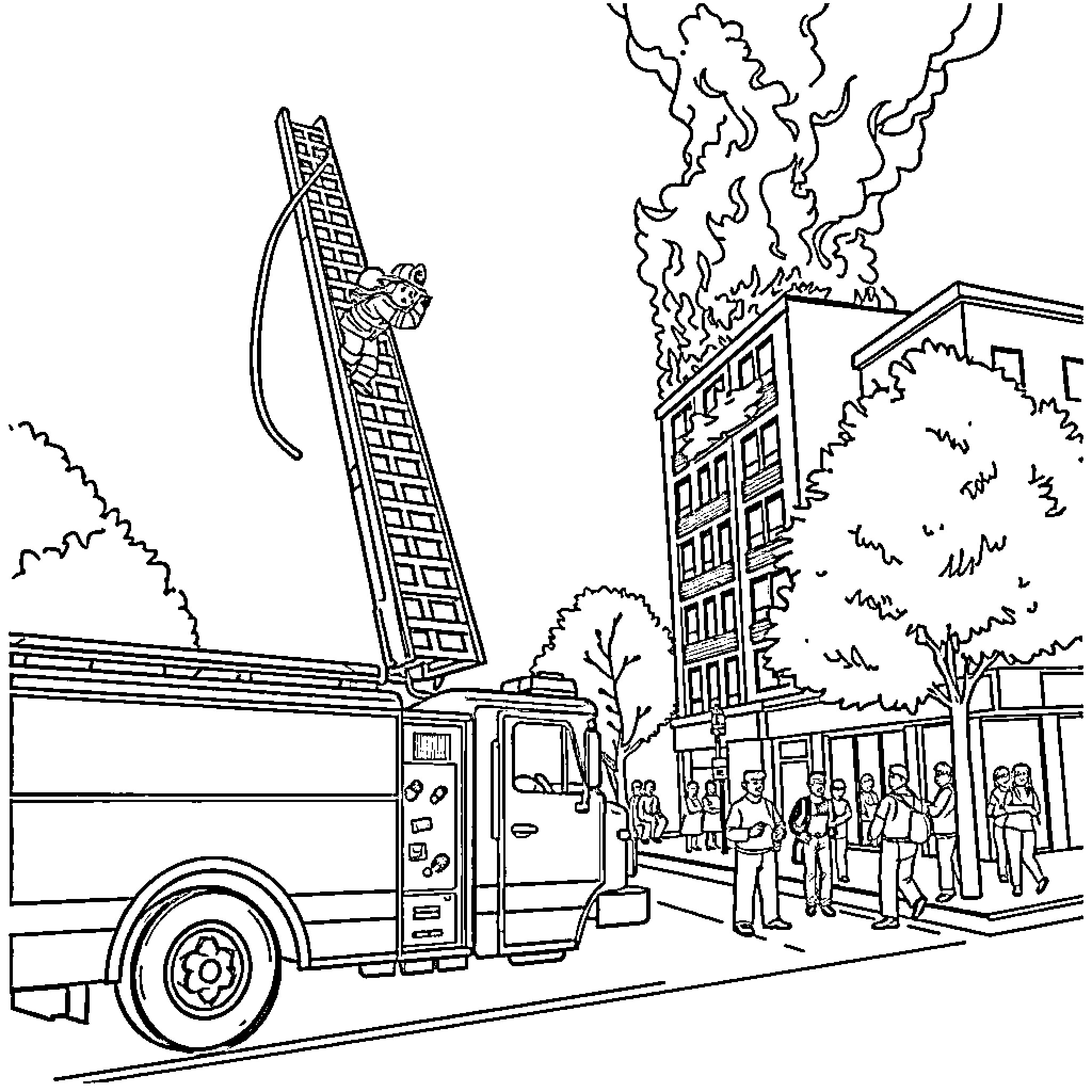 Firetruck responding to an emergency at a city building Coloring Page (free black-and-white line drawing printable PDF for all, from beginners to advanced learners, including children, teens, adults, and seniors)