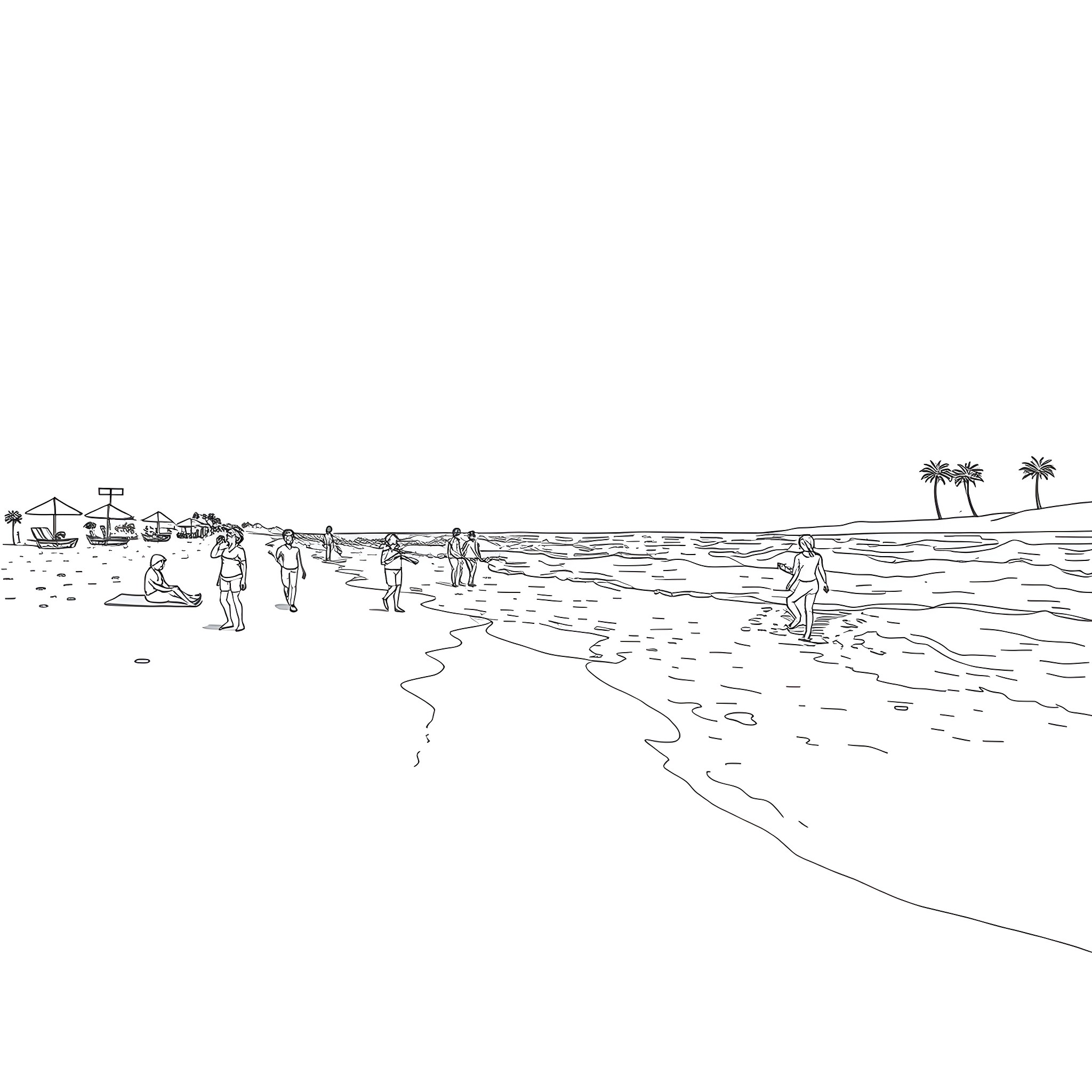 Woman enjoying a day at the beach Coloring Page (free black-and-white line drawing printable PDF for all, from beginners to advanced learners, including children, teens, adults, and seniors)