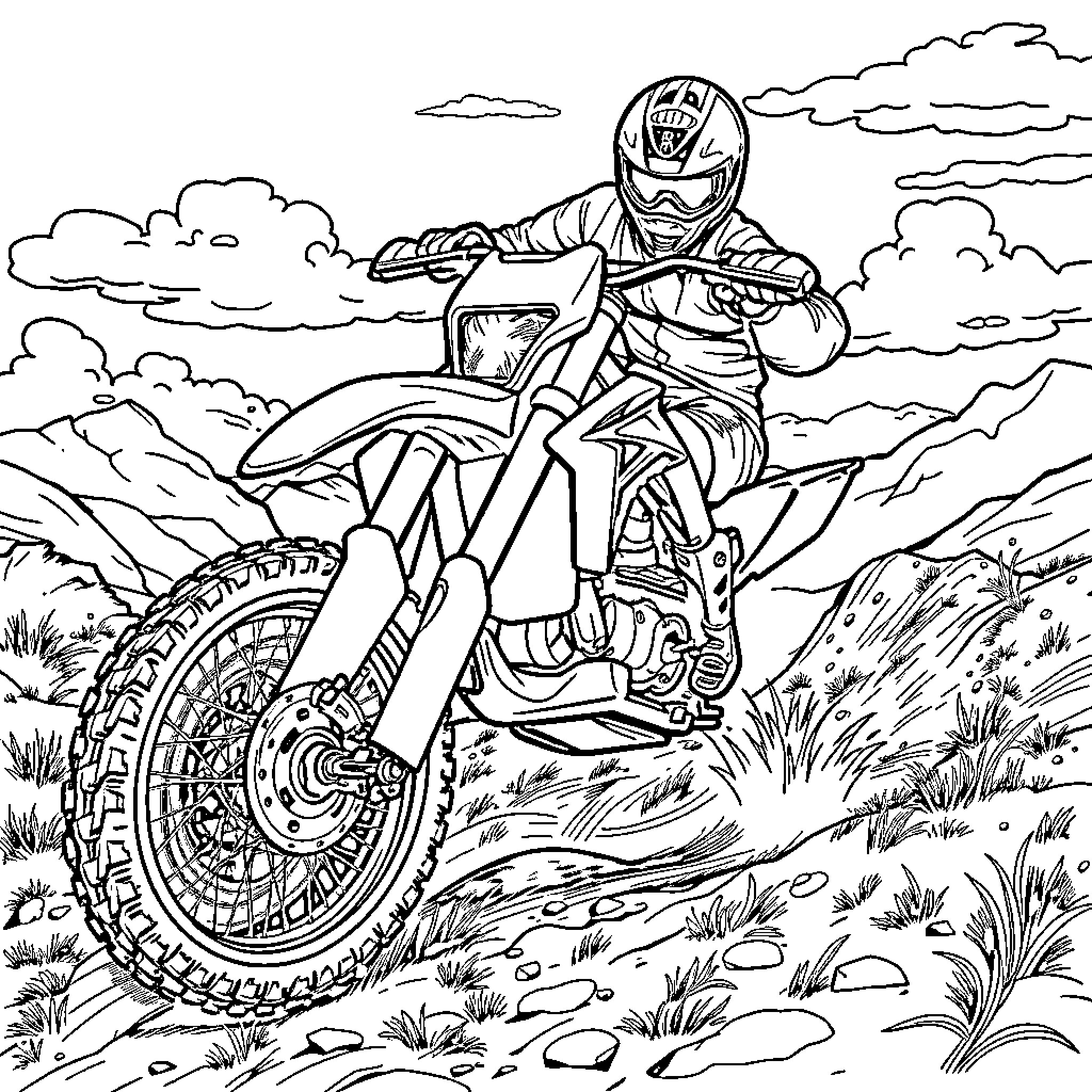 Dirtbike rider navigating challenging terrain Coloring Page (free black-and-white line drawing printable PDF for all, from beginners to advanced learners, including children, teens, adults, and seniors)