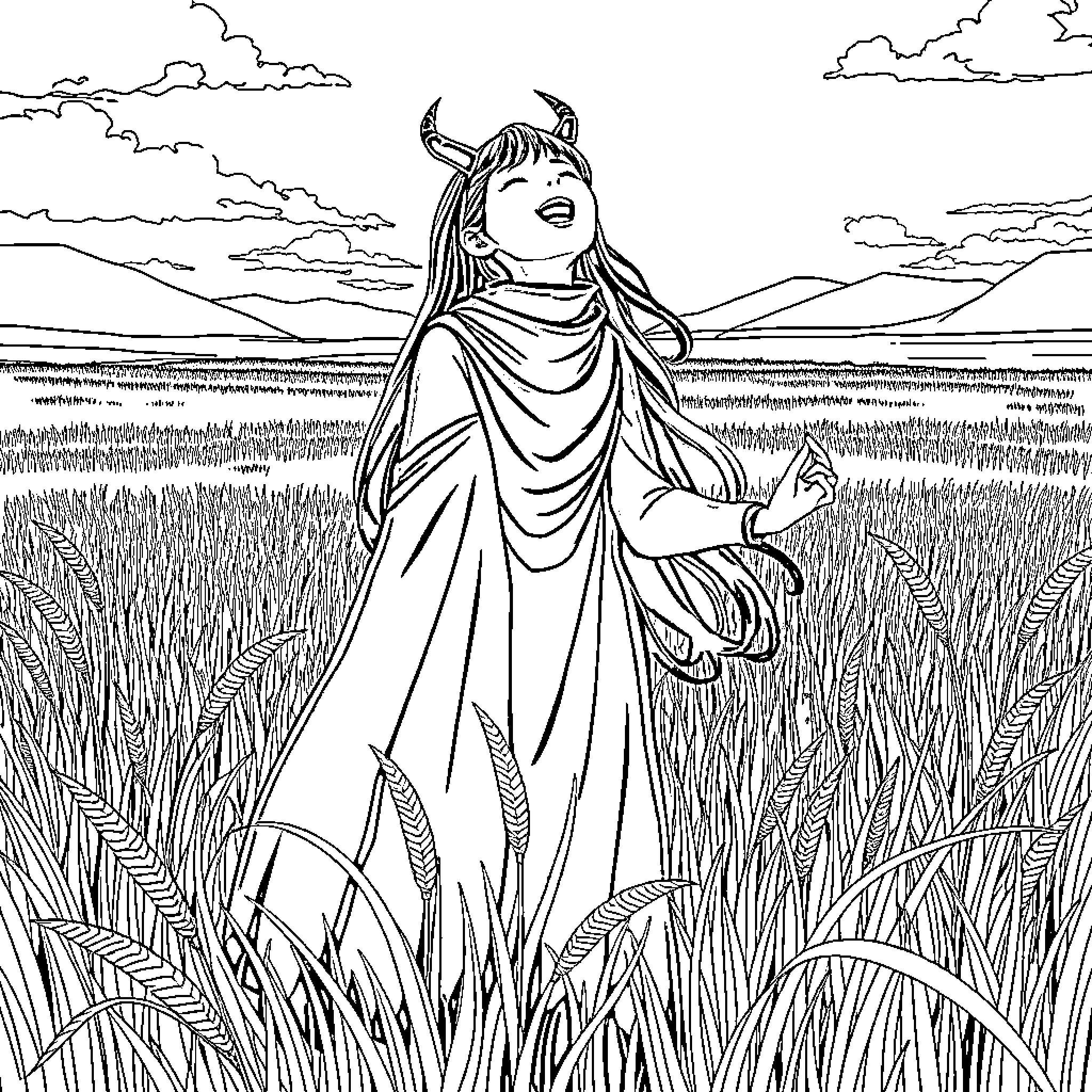 Rumi's Serene Contemplation in the Meadow Coloring Page (free black-and-white line drawing printable PDF for all, from beginners to advanced learners, including children, teens, adults, and seniors)