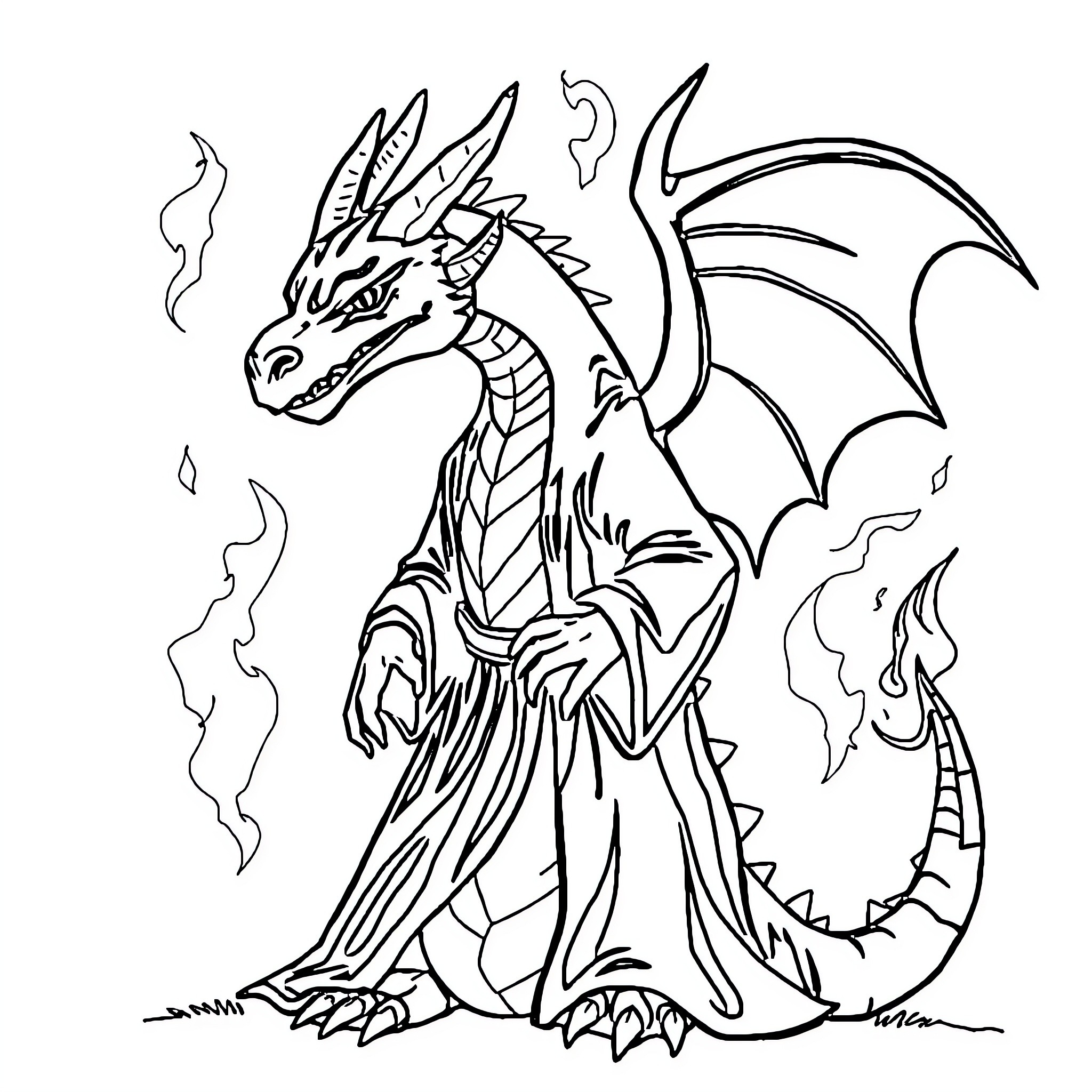 Dracaufeu the majestic dragon in fierce pose Coloring Page (free black-and-white line drawing printable PDF for all, from beginners to advanced learners, including children, teens, adults, and seniors)