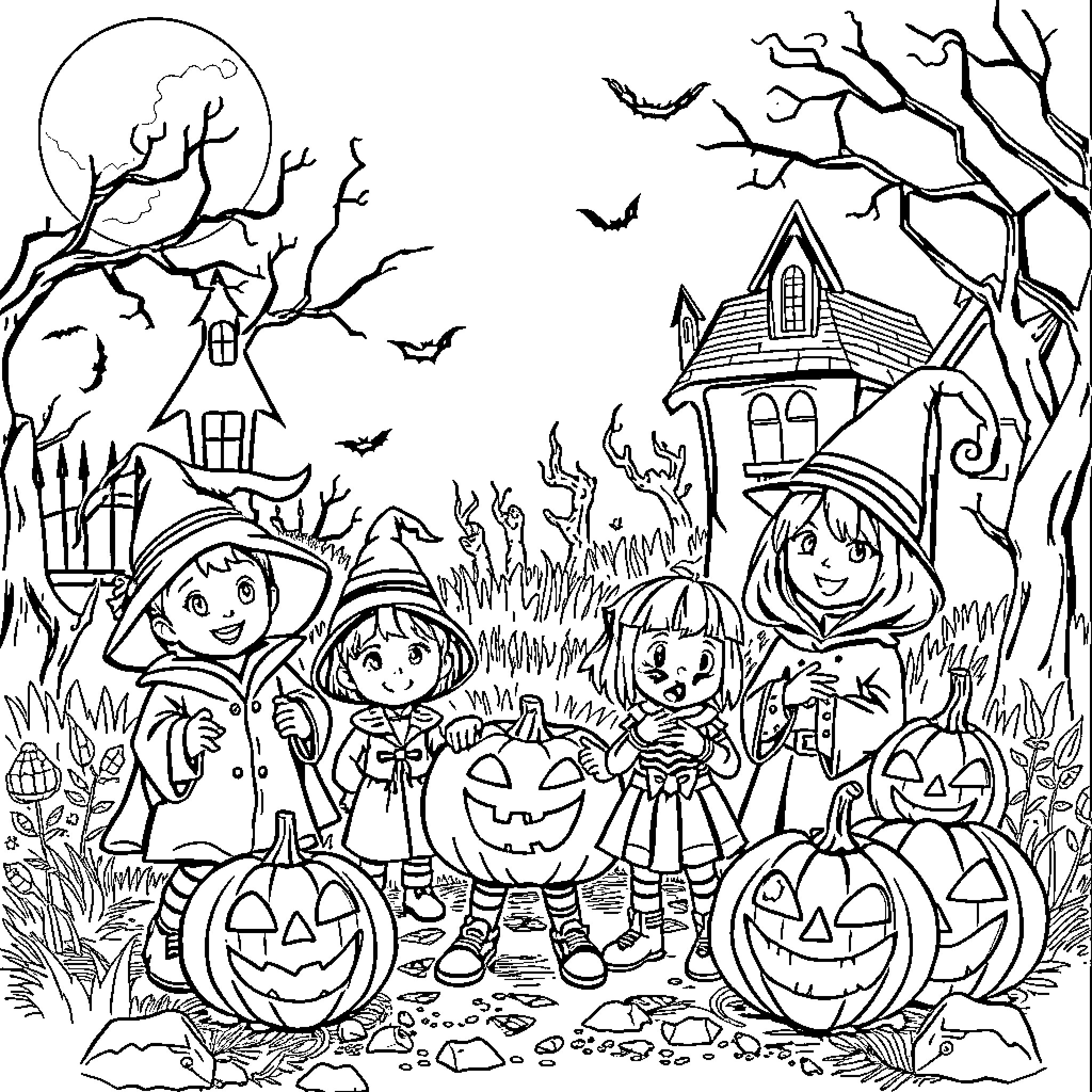Halloween children in costumes enjoying the spooky night Coloring Page (free black-and-white line drawing printable PDF for all, from beginners to advanced learners, including children, teens, adults, and seniors)