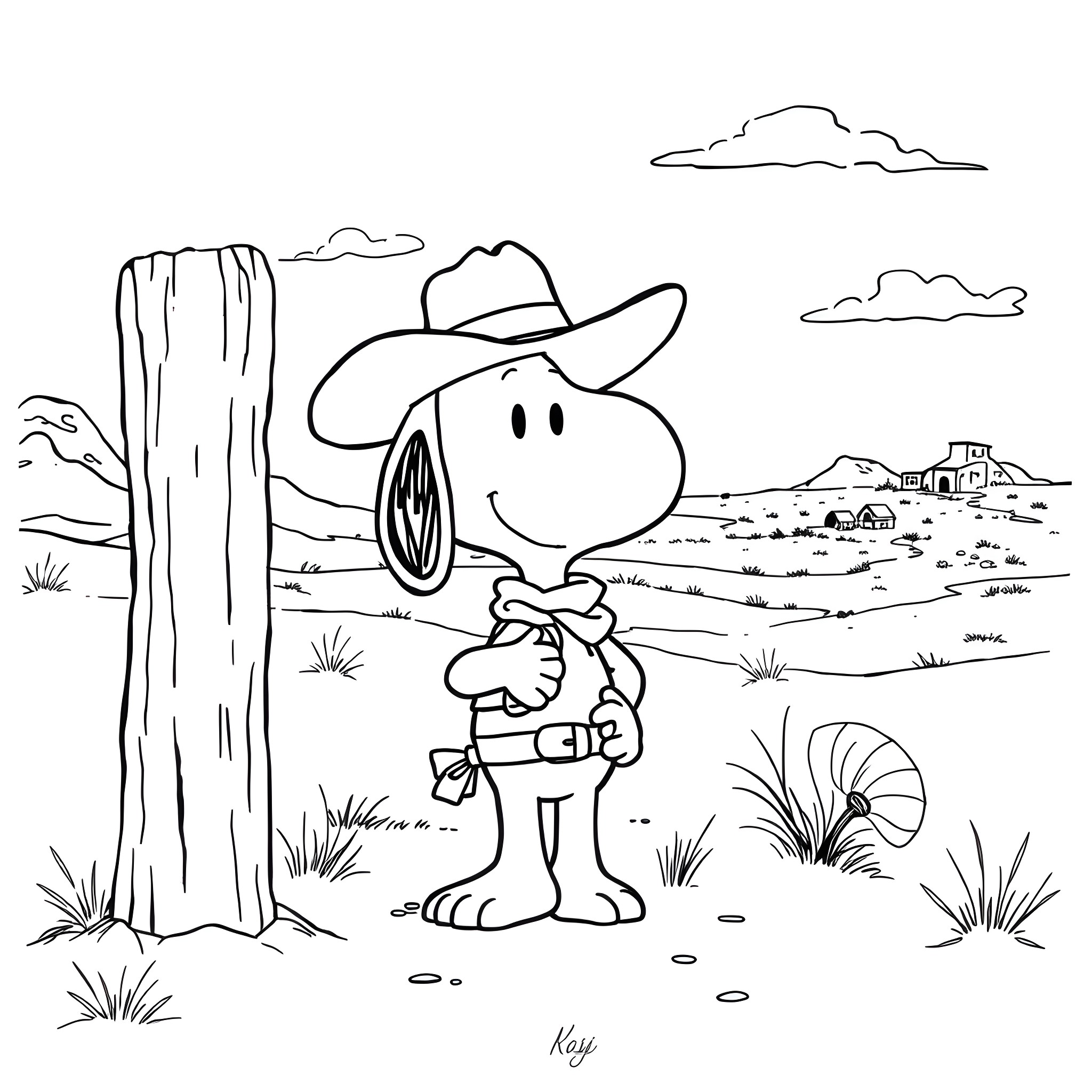 Snoopy the Cowboy Exploring the Wild West Coloring Page (free black-and-white line drawing printable PDF for all, from beginners to advanced learners, including children, teens, adults, and seniors)