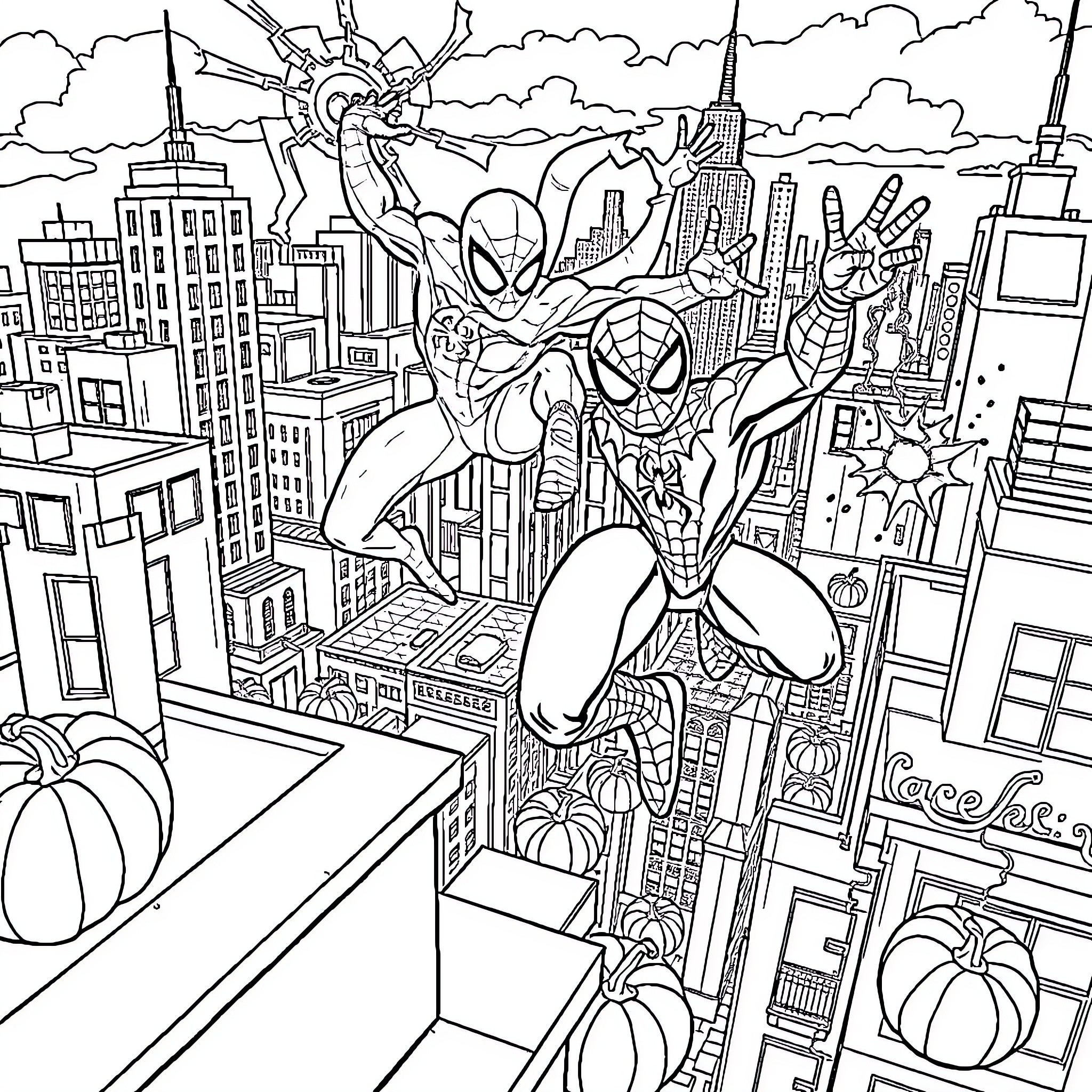 Spidey swinging through the bustling city skyline Coloring Page (free black-and-white line drawing printable PDF for all, from beginners to advanced learners, including children, teens, adults, and seniors)