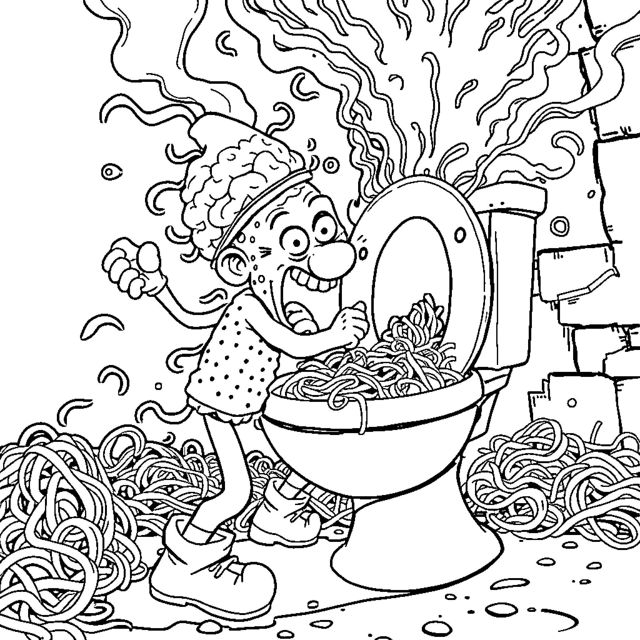 Italian Brainrot: Zany Toilet Disaster Coloring Page (free black-and-white line drawing printable PDF for all, from beginners to advanced learners, including children, teens, adults, and seniors)