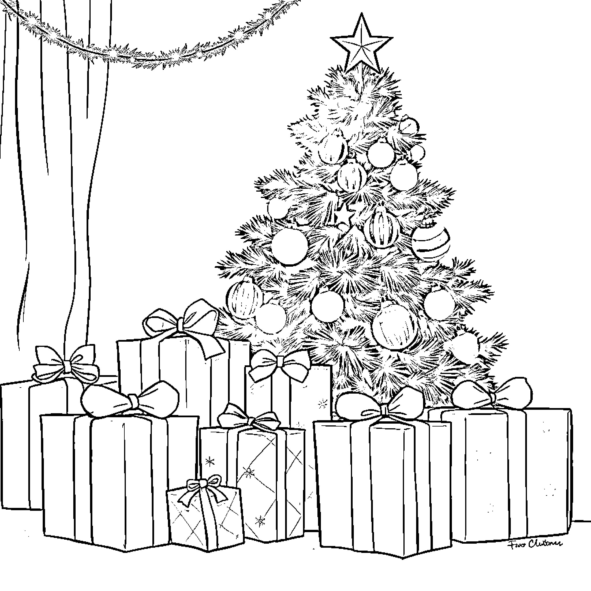 Present decorated Christmas tree with gifts Coloring Page (free black-and-white line drawing printable PDF for all, from beginners to advanced learners, including children, teens, adults, and seniors)
