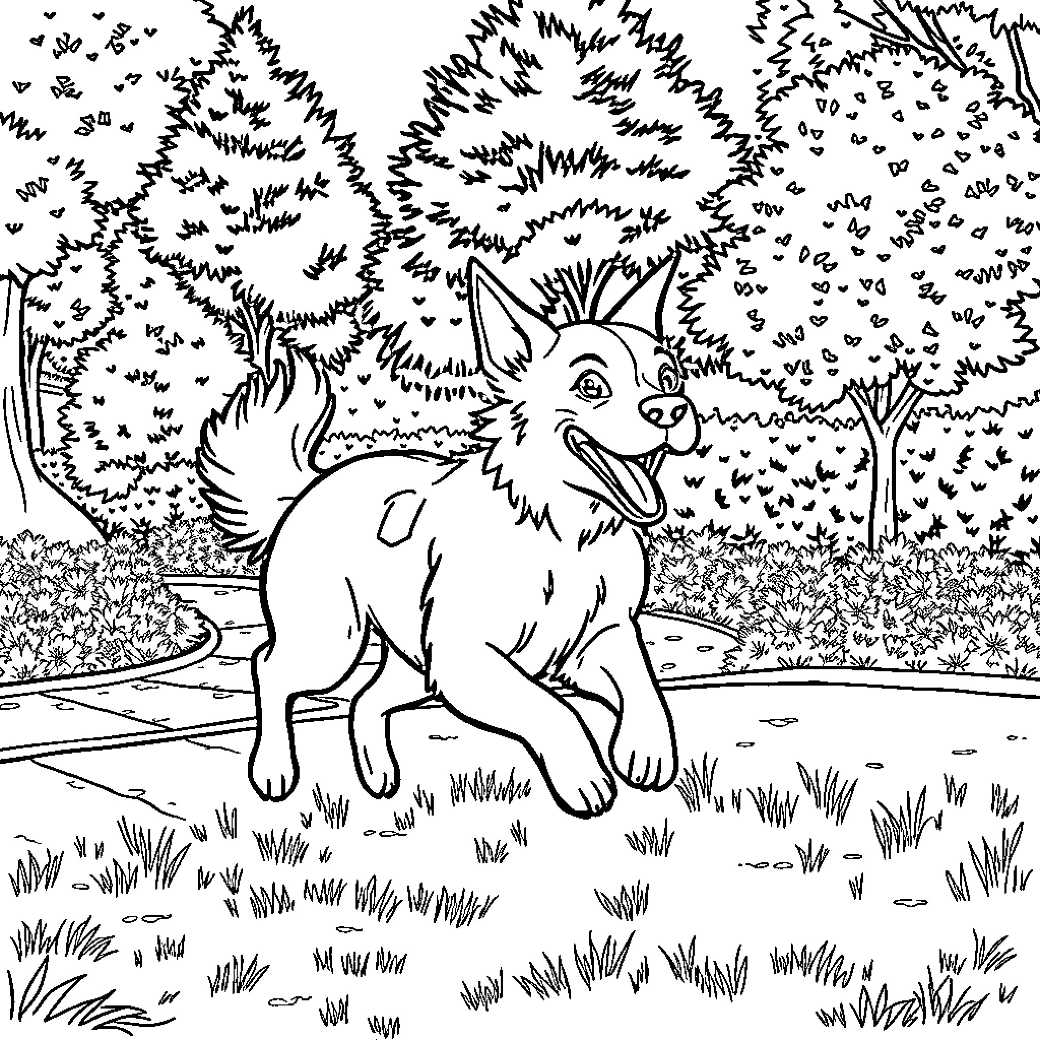 Dog exploring the forest Coloring Page (free black-and-white line drawing printable PDF for all, from beginners to advanced learners, including children, teens, adults, and seniors)